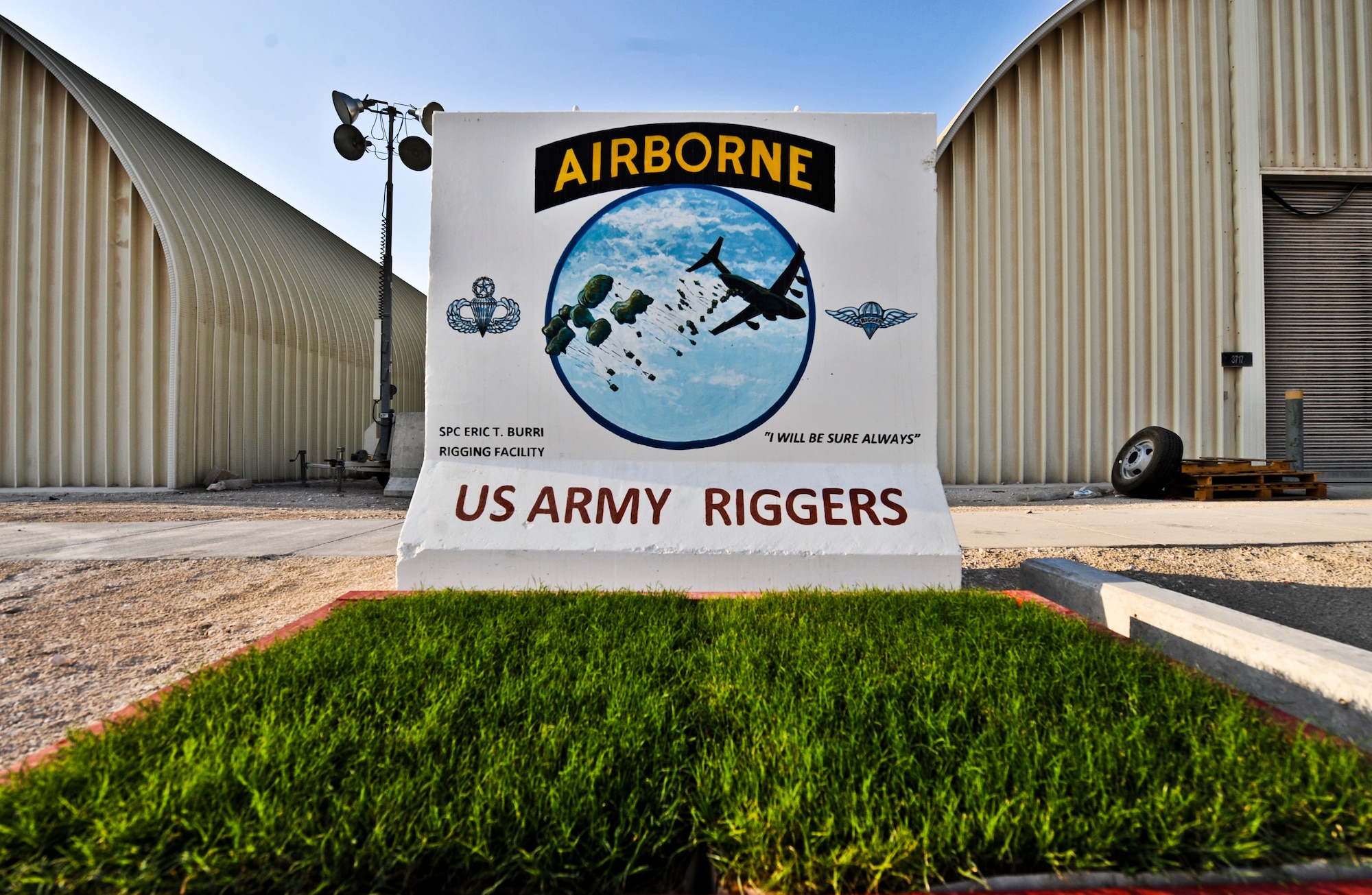The 824th Quartermaster Company Det. 10’s rigging facility is named after Spc. Eric T. Burri, who was killed in combat by an improvised explosive device on June 7, 2005. Burri was the second U.S. Army Rigger to die in combat since World War II. Burri was assigned to the 623rd Quartermaster Company, 1st Corps Support Command at Fort Bragg, N.C. (U.S. Air Force photo/Senior Airman Paul Labbe)