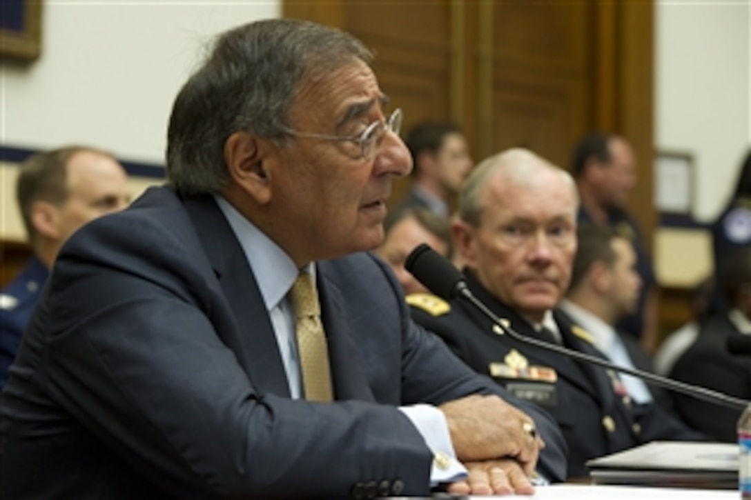 Secretary of Defense Leon E. Panetta testifies to the House Armed Services Committee at the House of Representatives in Washington, D.C., on Oct. 13, 2011.  Panetta along with the Chairman of the Joint Chiefs of Staff Gen. Martin Dempsey, U.S. Army, testified on the welfare of the U.S. military ten years after the 9/11 terrorist attacks.  