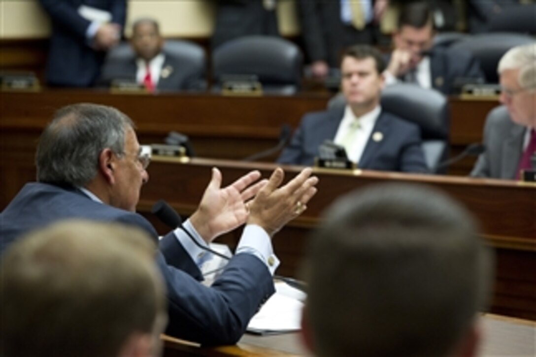 Secretary of Defense Leon E. Panetta testifies to the House Armed Services Committee at the House of Representatives in Washington, D.C., on Oct. 13, 2011.  Panetta along with the Chairman of the Joint Chiefs of Staff Gen. Martin Dempsey, U.S. Army, testified on the welfare of the U.S. military ten years after the 9/11 terrorist attacks.  