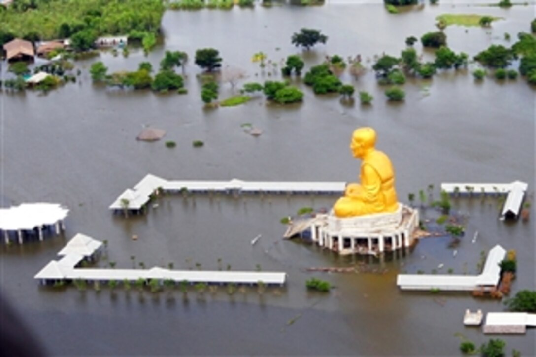 An aerial view shows flood waters surrounding a temple as members of the Humanitarian Assessment Survey Team assess damage north of Bangkok, Oct. 16, 2011. The team included 10 Marines from the 3rd Marine Expeditionary Force, which trains regularly to respond to natural disasters during exercises on Okinawa and throughout the Asia-Pacific region.