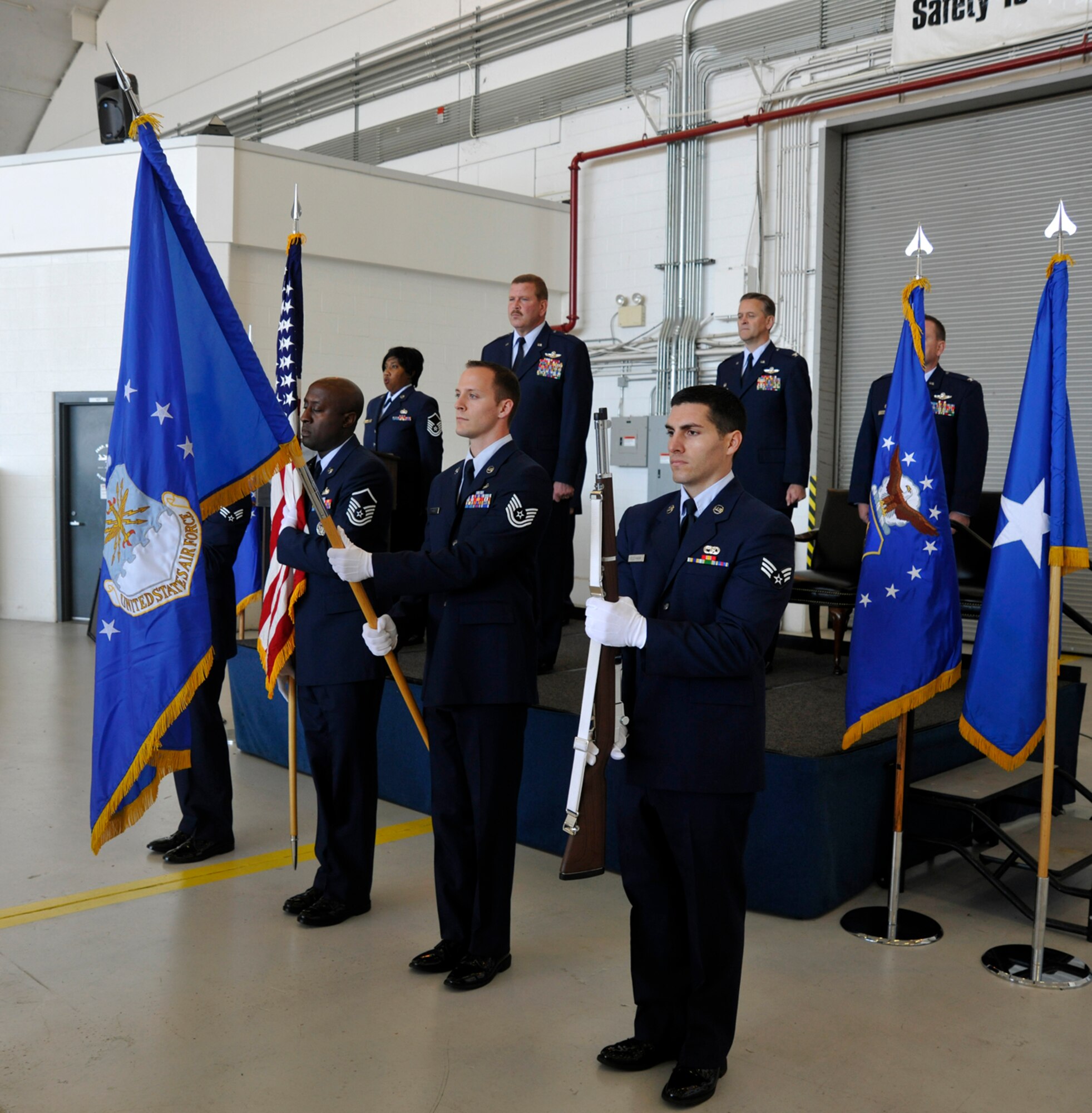 JOINT BASE ANDREWS, Md. -- 459th Air Refueling Wing honor guard post the colors during a change of command ceremony here Oct. 15. Leadership of the 459th ARW has been passed to Col. Samuel Mahaney, who comes to the wing from an operations group commander position at Westover Air Reserve Base, Mass. (U.S. Air Force photo/Airman First Class Lindsey Beadle)