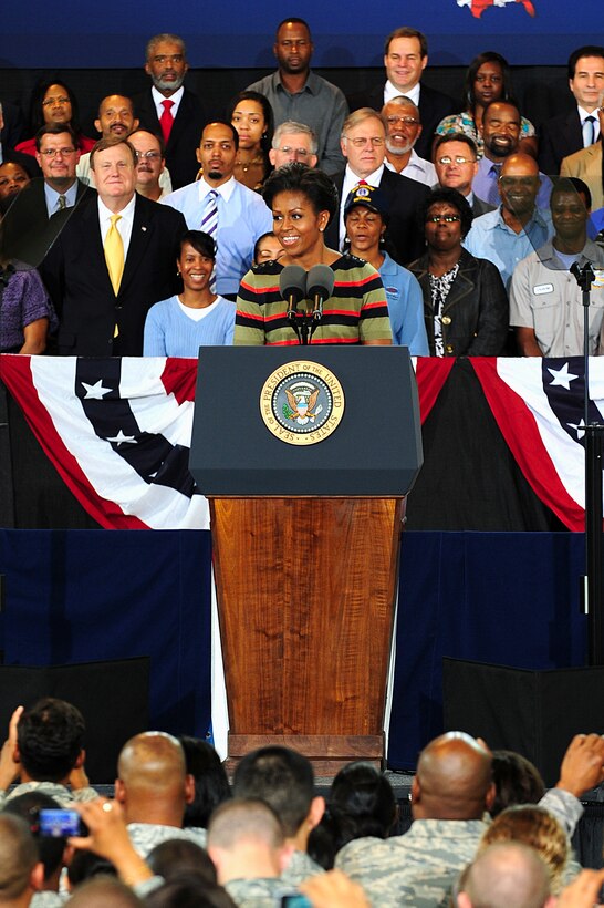 First Lady Michelle Obama addresses a crowd of roughly 2, 400 at Langley Air Force Base, Oct. 19, 2011. Langley was the fifth stop on the American Jobs Act bus tour, and the only stop that featured the first lady.  (U.S. Air Force photo by Airman 1st Class Kayla Newman/ Released)