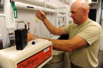 MISSILE COMPLEX, N.D. – Master Sgt. Randy Anderson, 741st Missile Squadron facility manager, conducts daily checks of the water systems at the Foxtrot-01 missile alert facility here Sept. 1. Facility managers in the missile field are responsible for the overall safety of the facility and its residents while assigned to the MAFs. (U.S. Air Force photo/Senior Airman Michael J. Veloz)