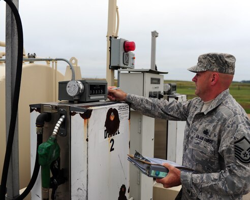 MINOT MISSILE COMPLEX, N.D. – Master Sgt. Randy Anderson, 741st Missile Squadron facility manager, conducts daily checks of the gas pumps on the Foxtrot-01 missile alert facility here Sept. 1. Facility managers in the missile field are responsible for the overall safety of the facility and its residents while assigned to the MAFs. (U.S. Air Force photo/Senior Airman Michael J. Veloz)