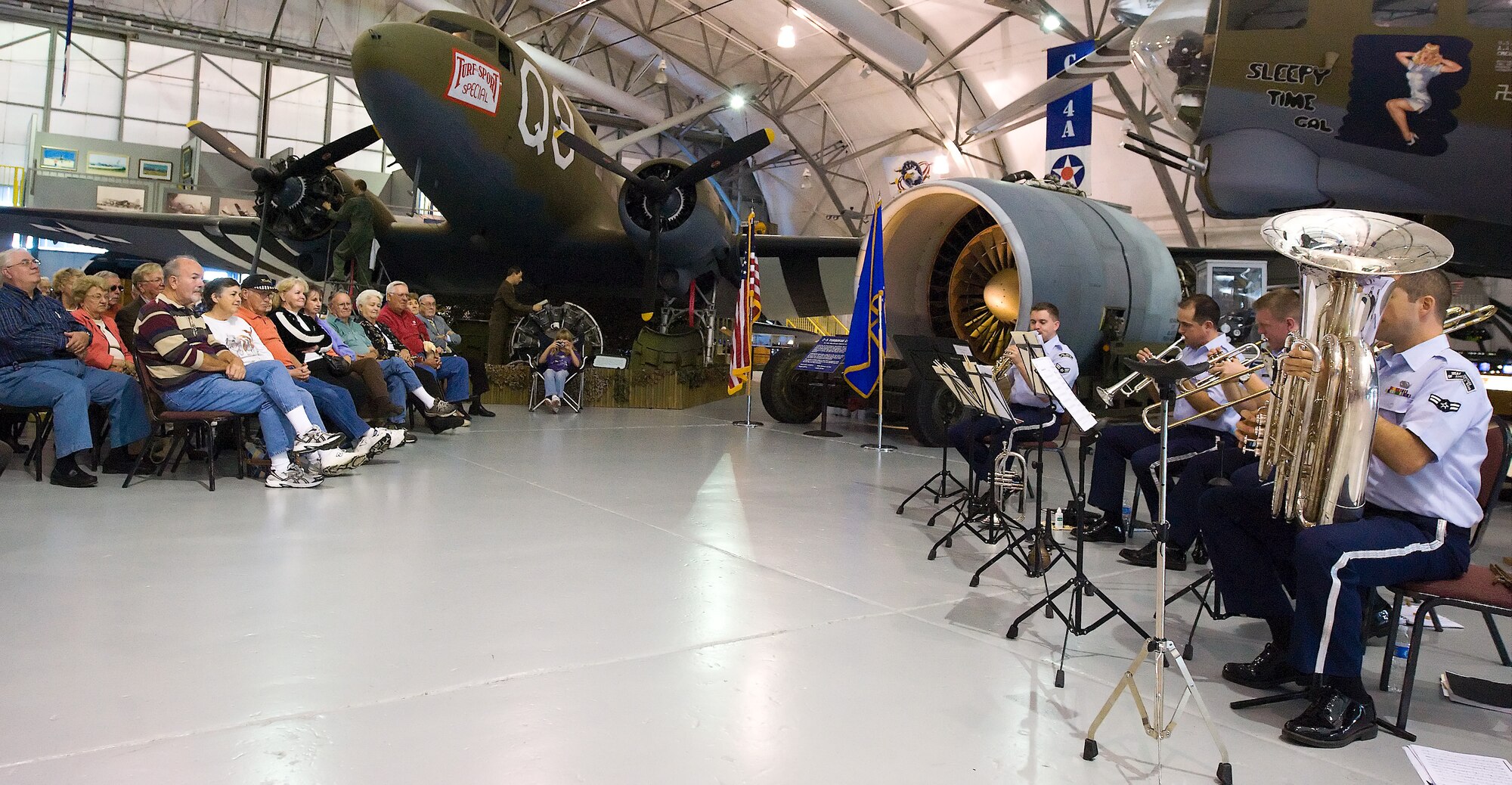 Members of the U.S. Air Force Heritage Band of America perform for Air Mobility Command Museum patrons during a free concert Oct. 16, 2011, at the museum. The band’s set included pieces from the Renaissance and classical era, as well as modern pieces. (U.S. Air Force photo by Airman 1st Class Samuel Taylor) 