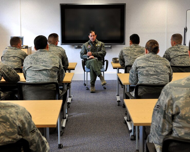 RAF MILDENHALL, England – Lt. Gen. Marc Rogers, Air Force inspector general, speaks to first term Airmen at the Airman and Family Readiness Center during a tour of the base here Oct. 18, 2011. The IG oversees the inspection and evaluation system for all Air Force nuclear and conventional forces. (U.S. Air Force photo/Senior Airman Jerilyn Quintanilla) 