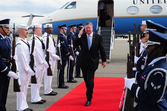 Secretary of the Air Force Michael Donley is greeted by the Joint Base 
Charleston Honor Guard after arriving at Joint Base Charleston, Oct. 18, The Secretary of the Air Force is responsible for the affairs of the Department of the Air Force, including organizing, training, equipping and providing for the welfare of nearly 370,000 men and women on active duty, 180,000 members of the Air National Guard and the Air Force Reserve, and 160,000 civilians and their families. With an annual budget of approximately $119 billion, the secretary ensures the Air Force can meet its current and future operational requirements. (U.S. Air Force photo/Tech. Sgt. Chrissy Best)
