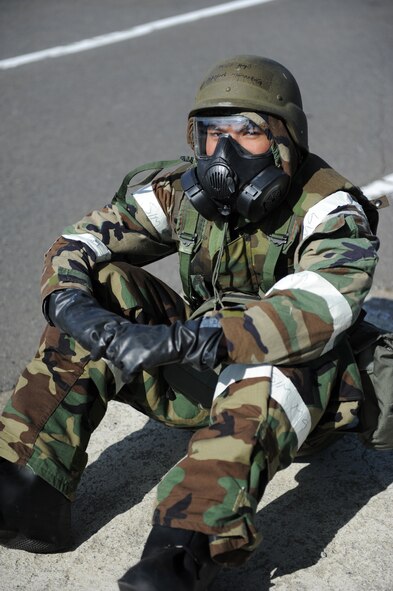 MISAWA AIR BASE, Japan -- Airman 1st Class Brixon Tumaneng, 35th Medical Operations Squadron, participates in an operational readiness exercise here Oct. 18. Readiness exercises ensure military personnel are capable of following appropriate protocol during real-world combat situations. (U.S. Air Force photo by Airman 1st Class Kia Atkins)