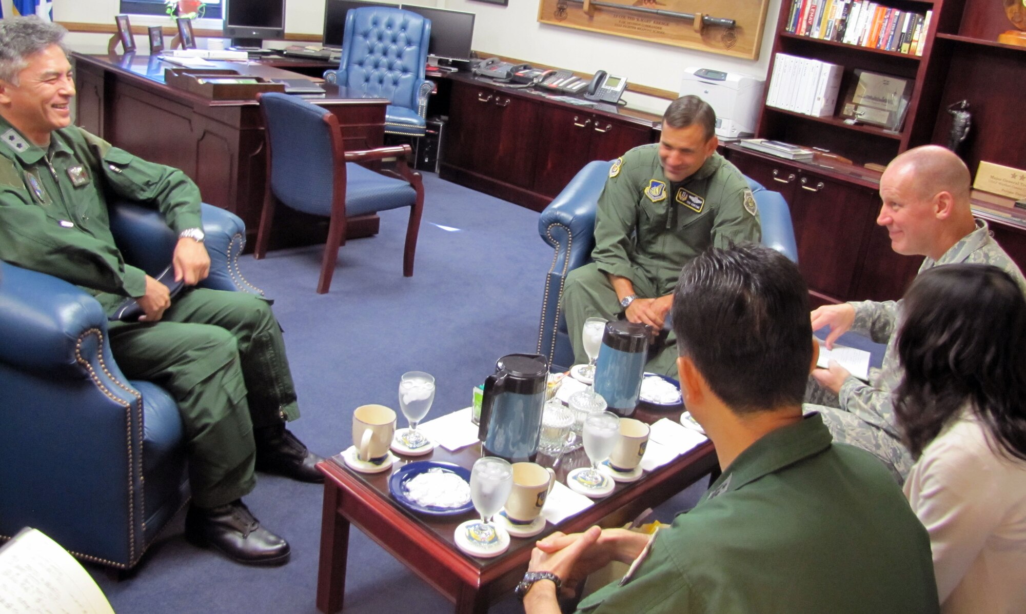 JOINT BASE PEARL HARBOR-HICKAM, Hawaii – Lt. Gen. Ted Kresge,  Commander, 13th  Air Force met with Maj. Gen. Hiroaki Maehara,  Director of Plans and Operations, Koku Jieitai (Japan Air Self Defense Force) Oct. 17, 2011.  This high-level meeting was one, in a series between 13th Air Force and Koku Jieitai leadership leading up to exercise Keen Edge in January 2012.  Exercises and engagements such as this serve to strengthen the alliance between the United States and Japan; a cornerstone of peace and stability in the Asia-Pacific region. Exercise Keen Edge is a biennial Chairman Joint Chiefs of Staff/bilateral Command Post Exercise that prepares U.S. Pacific Command sub-unified commands, service components, and Japan Self-Defense Forces for the defense of Japan.  