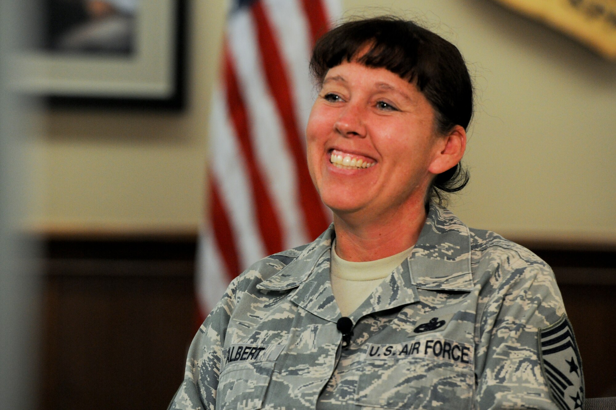 VANDENBERG AIR FORCE BASE, Calif. -- Chief Master Sgt. Suzanne Talbert, 30th Space Wing command chief, speaks about her vision for Vandenberg and past assignments here Wednesday, Sept 21, 2011. The Syracuse, N. Y., native spent her last assignment at Misawa Air Base, Japan, and is looking forward to getting started with the next chapter of her career here at Vandenberg. (U.S. Air Force/Staff Sgt. Levi Riendeau)