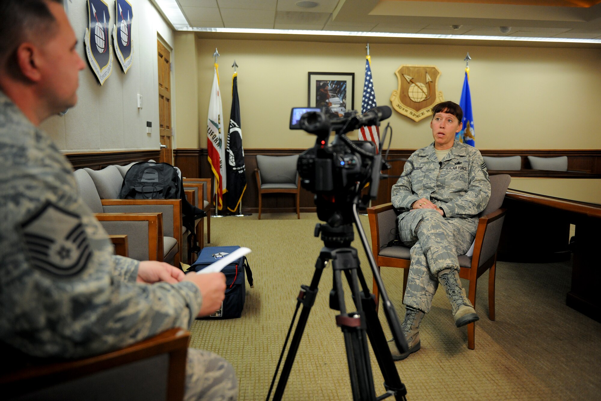 VANDENBERG AIR FORCE BASE, Calif. -- Chief Master Sgt. Suzanne Talbert, 30th Space Wing command chief, speaks about her vision for Vandenberg and past assignments here Wednesday, Sept 21, 2011. The Syracuse, N. Y., native spent her last assignment at Misawa Air Base, Japan, and is looking forward to getting started with the next chapter of her career here at Vandenberg. (U.S. Air Force/Staff Sgt. Levi Riendeau)