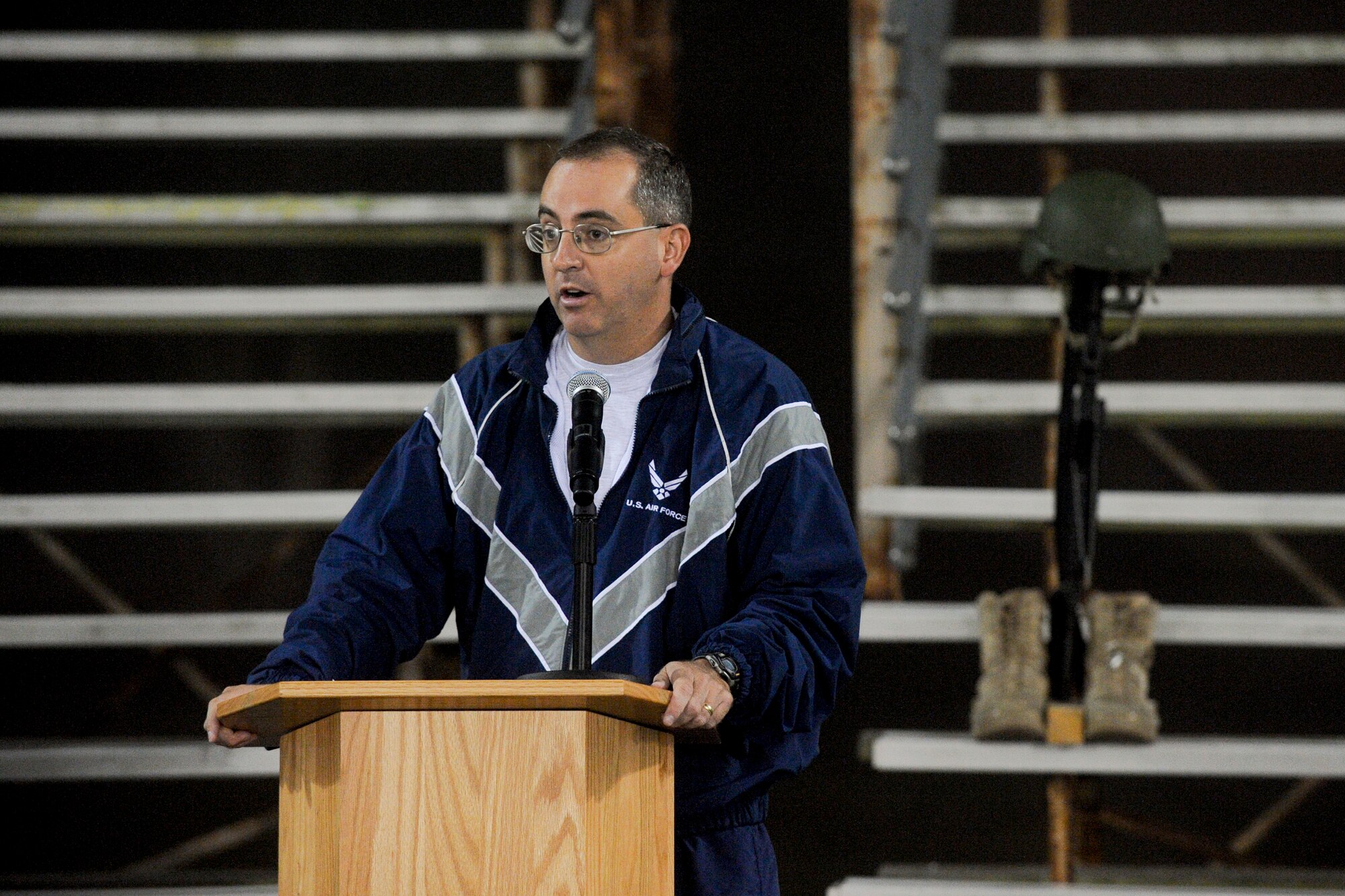 VANDENBERG AIR FORCE BASE, Calif. -- Col. Keith Balts, 30th Space Wing vice commander, gives opening remarks for the base's A Run to Remember event at the Vandenberg track Thursday, Oct. 20, 2011. The purpose of A Run to Remember is to honor all servicemembers who lost their lives in support of Operation Iraqi Freedom, Operation Enduring Freedom and Operation New Dawn. (U.S. Air Force Photo/Staff Sgt. Levi Riendeau)

