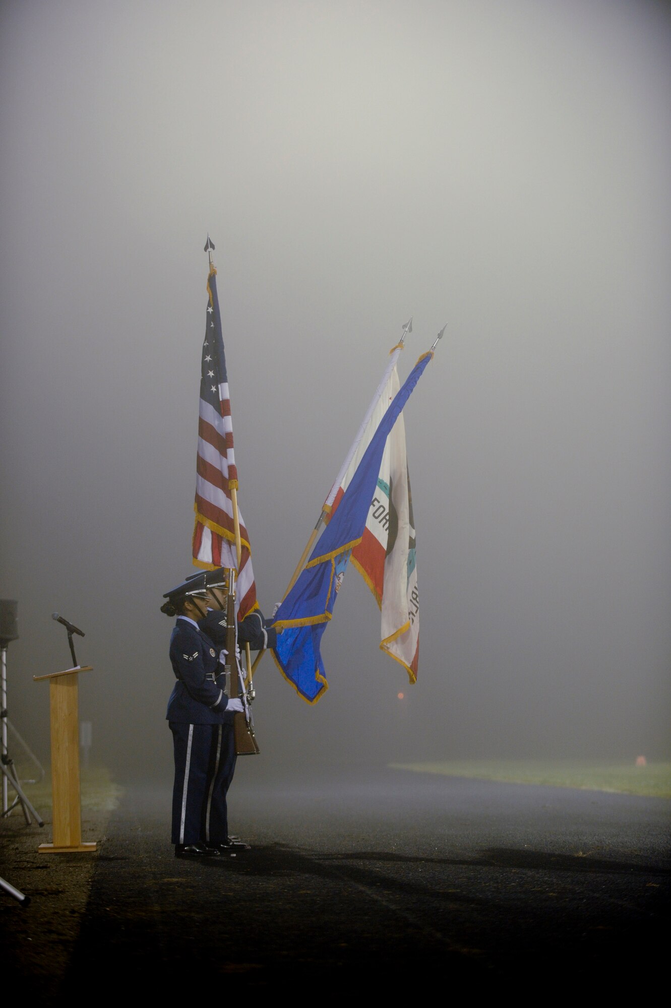 VANDENBERG AIR FORCE BASE, Calif. -- The Vandenberg Honor Guard posts the colors during the opening ceremony of A Run to Remember here Thursday, Oct. 20, 2011. The purpose of A Run to Remember is to honor all servicemembers who lost their lives in support of Operation Iraqi Freedom, Operation Enduring Freedom and Operation New Dawn. (U.S. Air Force Photo/Staff Sgt. Levi Riendeau)

