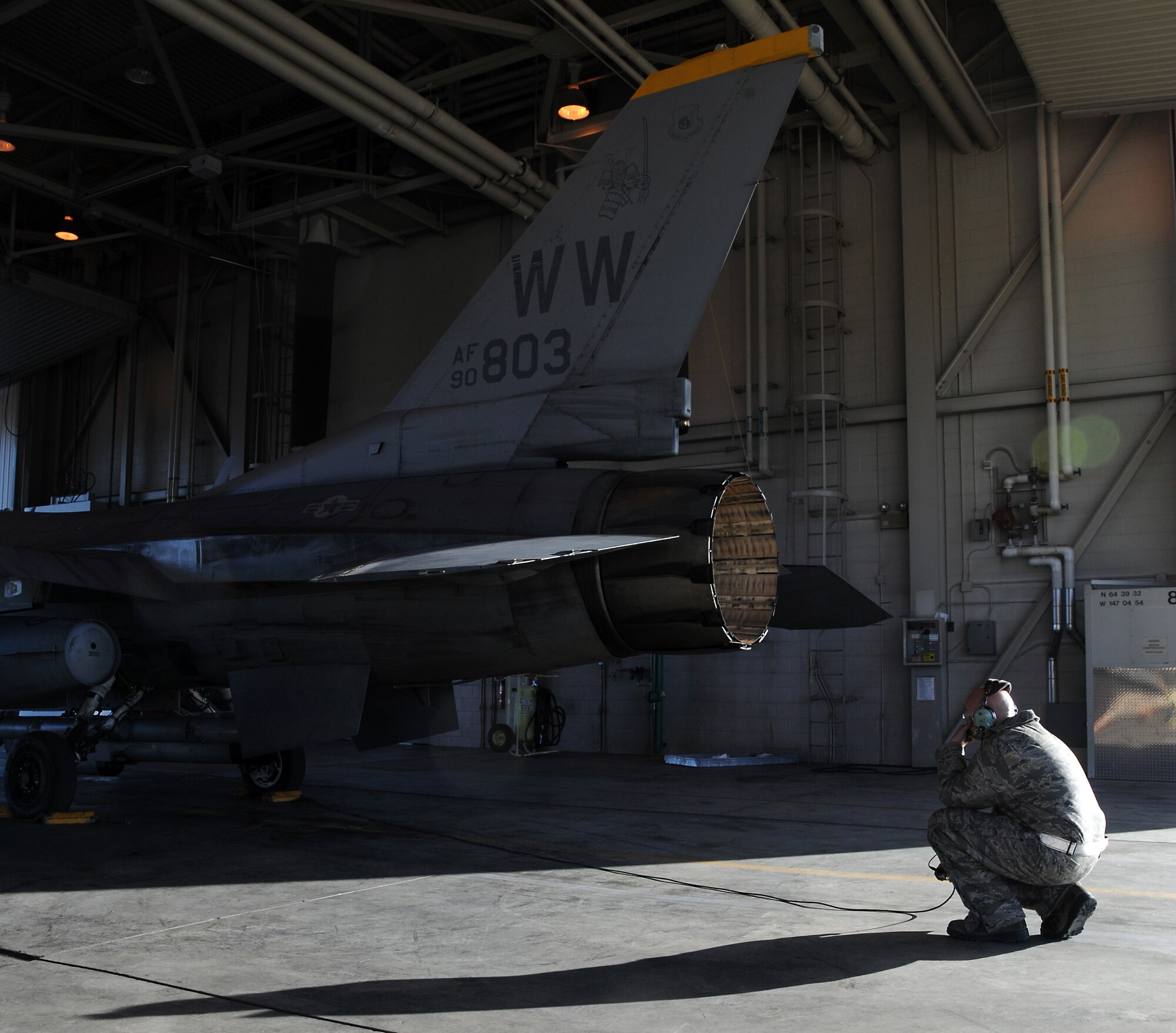 U.S. Air Force Senior Airman Matthew Smith conducts preflight inspections an U.S. Air Force F-16 Fighting Falcon Oct. 12, 2011, Eielson Air Force Base, Alaska. During RED FLAG-Alaska crew chiefs, like Smith, are an integral part of the mission tempo and help to ensure smooth flightline operation. Smith is a crew chief assigned to the 35th Aircraft Maintenance Squadron, Misawa Air Base, Japan. (U.S. Air Force photo by Senior Airman Willard E. Grande II/Released)