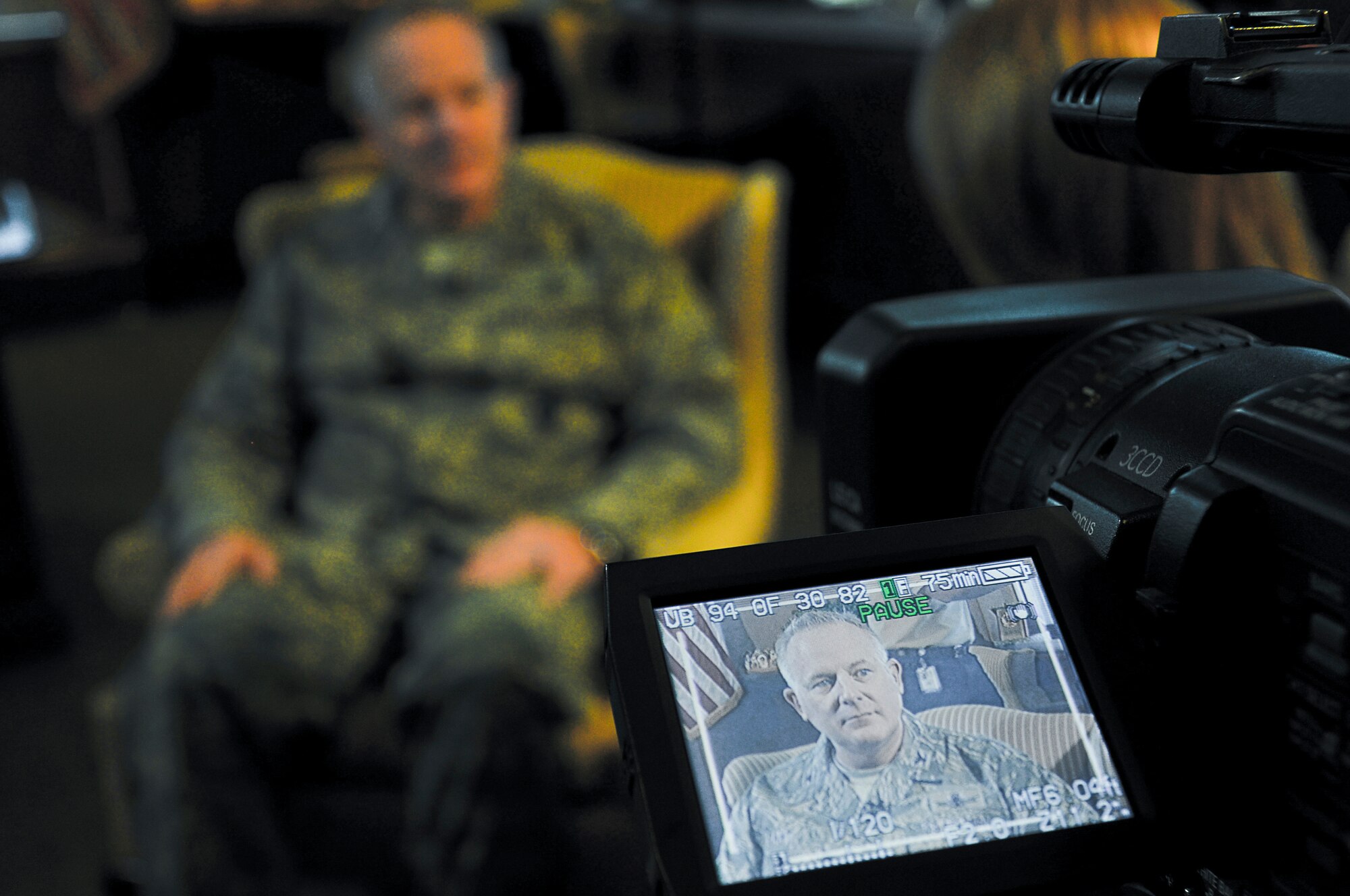BUCKLEY AIR FORCE BASE, Colo.— U.S. Air Force Col. Daniel Dant, 460th Space Wing commander, is filmed for a news story by Channel 8, Oct. 14, 2011. Channel 8 interviewed Dant about his experiences and how he felt about his position as the Wing Commander. (U.S. Air Force photo by: Master Sgt. Jeromy K. Cross)