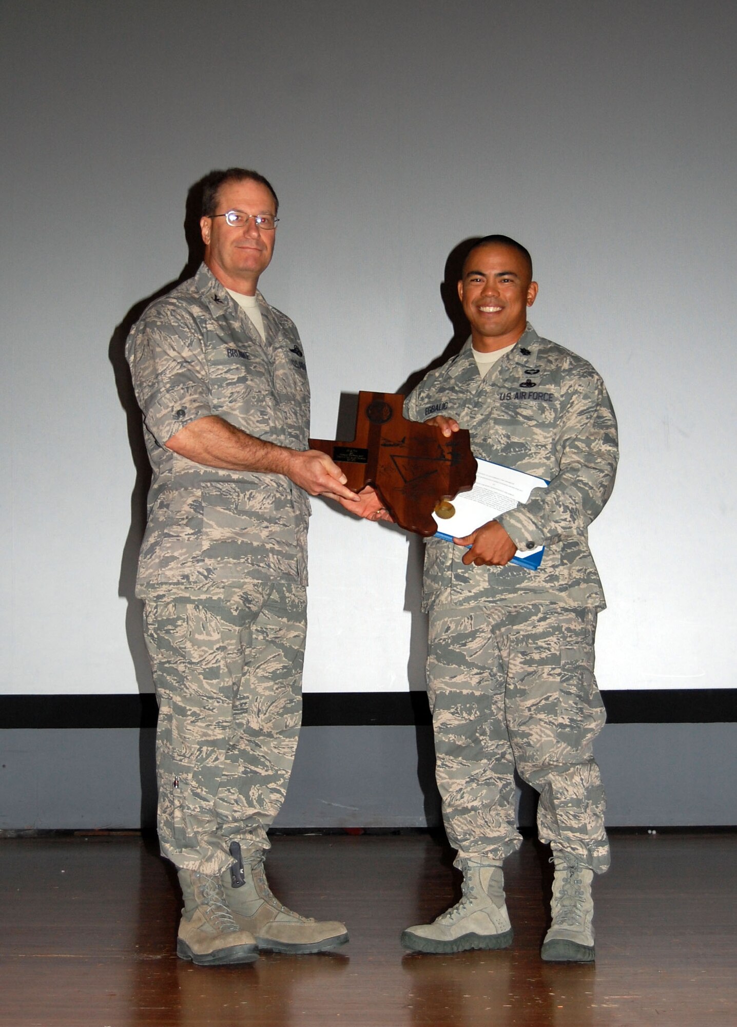 NELLIS AIR FORCE BASE, Nev. -- (Right) Lt. Col. Michael Egbalic, 926th Aircraft Maintenance Squadron commander, receives 10th Air Force's 2011 Maintenance Effectiveness Award (Category 1 – Small Aircraft Maintenance) for his unit, presented by Col. Herman Brunke, 926th Group commander here Oct. 15.