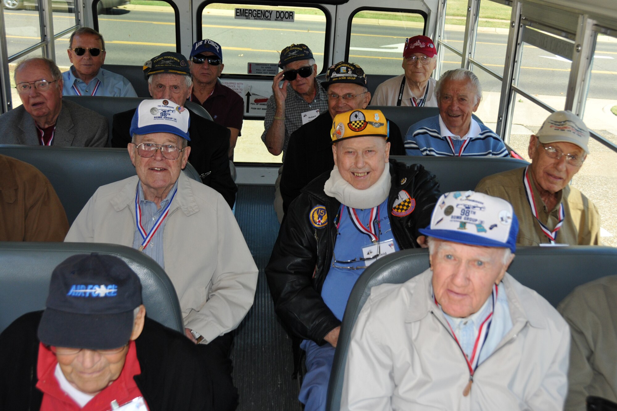 A group of Ploesti Raiders wait for the next part of their special guest’s tour at Barksdale Air Force Base, La., Oct. 19, 2011. The 98th BG held their annual reunion at Barksdale and hosted the Ploesti Raiders from World War II. (U.S. Air Force photo by Capt. Kerry Baker/Released)