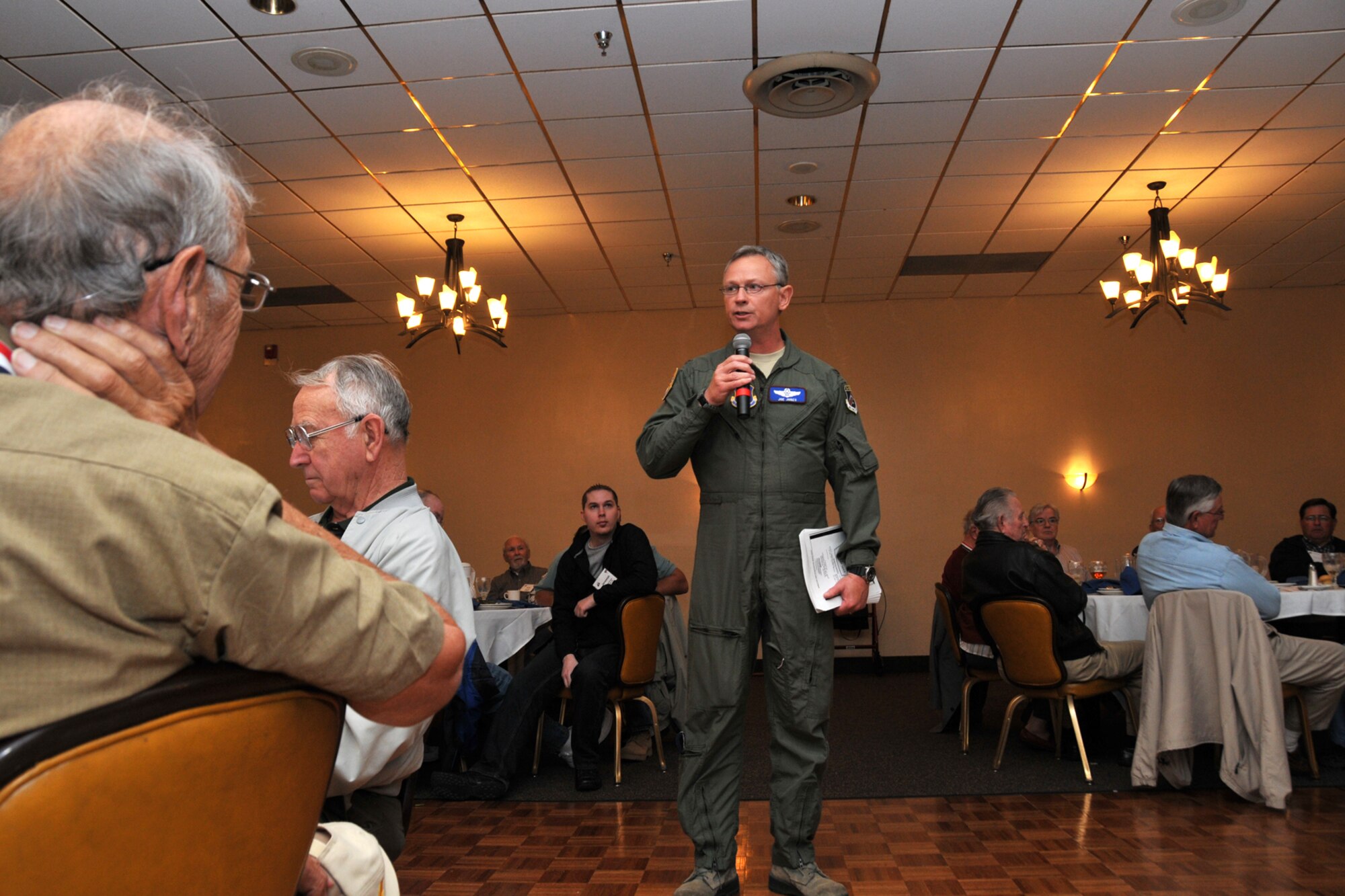 Col. Joe Jones, vice commander of the 307th Bomb Wing, speaks to attendees of a luncheon for the 98th Bomb Group Veterans Association at Barksdale Air Force Base, La., Oct. 19, 2011. The 98th BG held their annual reunion at Barksdale and hosted the Ploesti Raiders from World War II. (U.S. Air Force photo by Capt. Kerry Baker/Released)