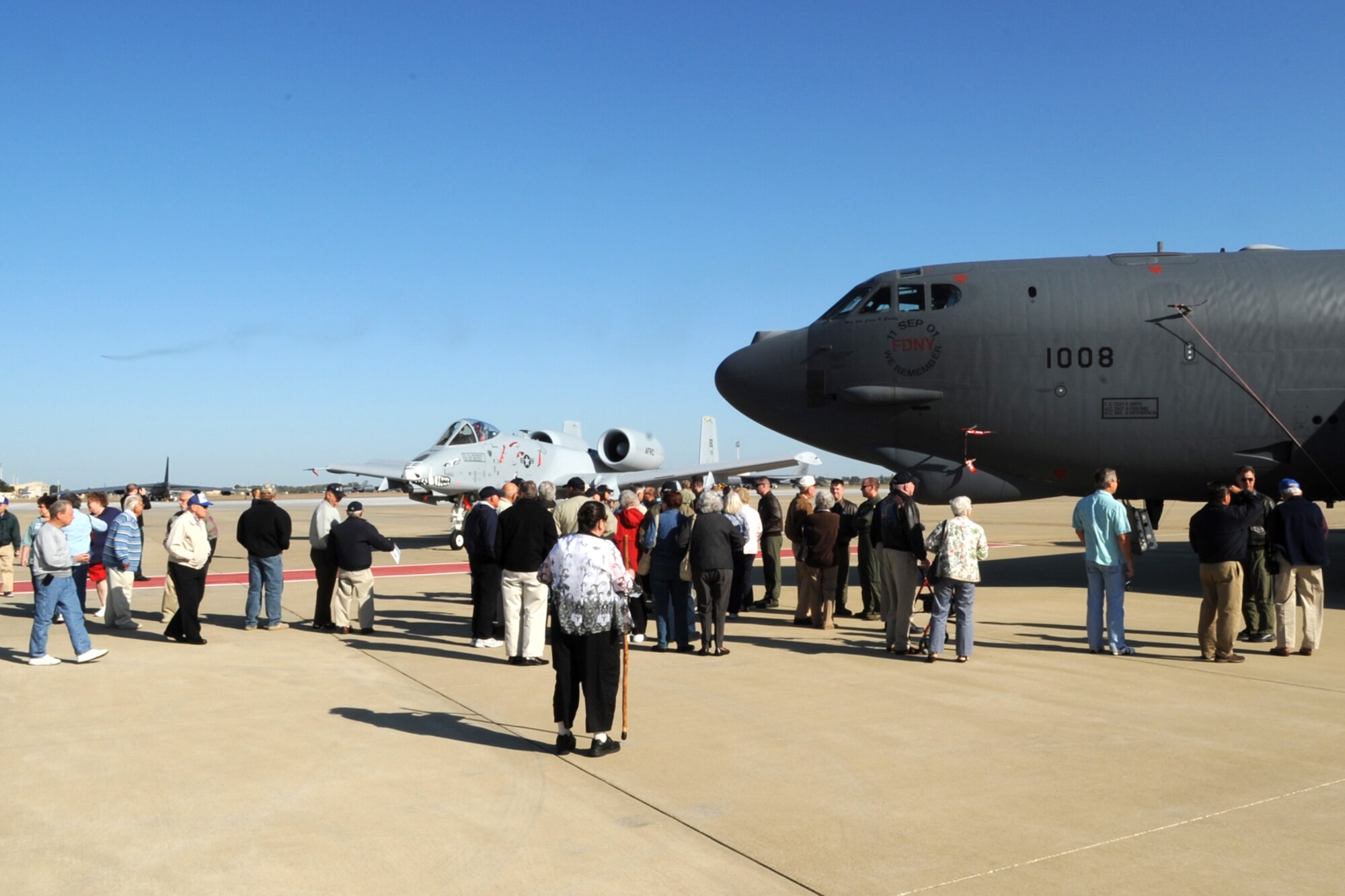Members of the 98th Bomb Group Veterans Association get a flight line tour of a 307th Bomb Wing B-52 Stratofortress and a 917th Fighter Group A-10 Thunderbolt II at Barksdale Air Force Base, La., Oct. 19, 2011. The 98th held their annual reunion at Barksdale. (U.S. Air Force photo by Master Sgt. Greg Steele/Released)