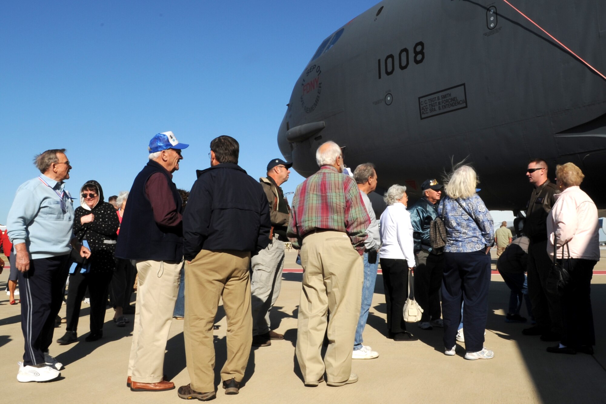 Members of the 98th Bomb Group Veterans Association get a flight line tour of a 307th Bomb Wing B-52 Stratofortress at Barksdale Air Force Base, La., Oct. 19, 2011. The 98th held their annual reunion at Barksdale. (U.S. Air Force photo by Master Sgt. Greg Steele/Released)