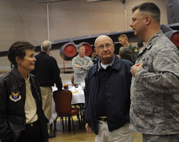 Maj. Peter Varney, 2nd Maintenance Operations Squadron, speaks with Kay Yeager, chairman of the Board of Commerce and Industry, Wichita Falls, Texas, and retired Army Col. Jim Trobaugh, former mayor of The City of Kokomo, Ind., during an Air Force Chief of Staff Civic Leader Program visit to Barksdale Air Force Base, La., Oct. 18, 2011. The CSAF civic leader program is an Air Staff-level program comprised of respected community leaders selected by officials from Air Force major commands, the National Guard Bureau and Headquarters Air Force. (U.S. Air Force photo/Senior Airman Amber Ashcraft)(RELEASED)