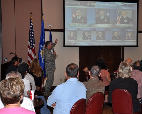 Brig. Gen. Paul McGillicuddy, 9th Reconnaissance Wing commander, explains Beale's chain of command to more than 50 civic leaders from surrounding communities at the Recce Point Club during Beale Day Oct. 14. The community relations introduced the group to key elements of Beale's mission.  (U.S. Air Force photo by Airman 1st Class Shawn Nickel)