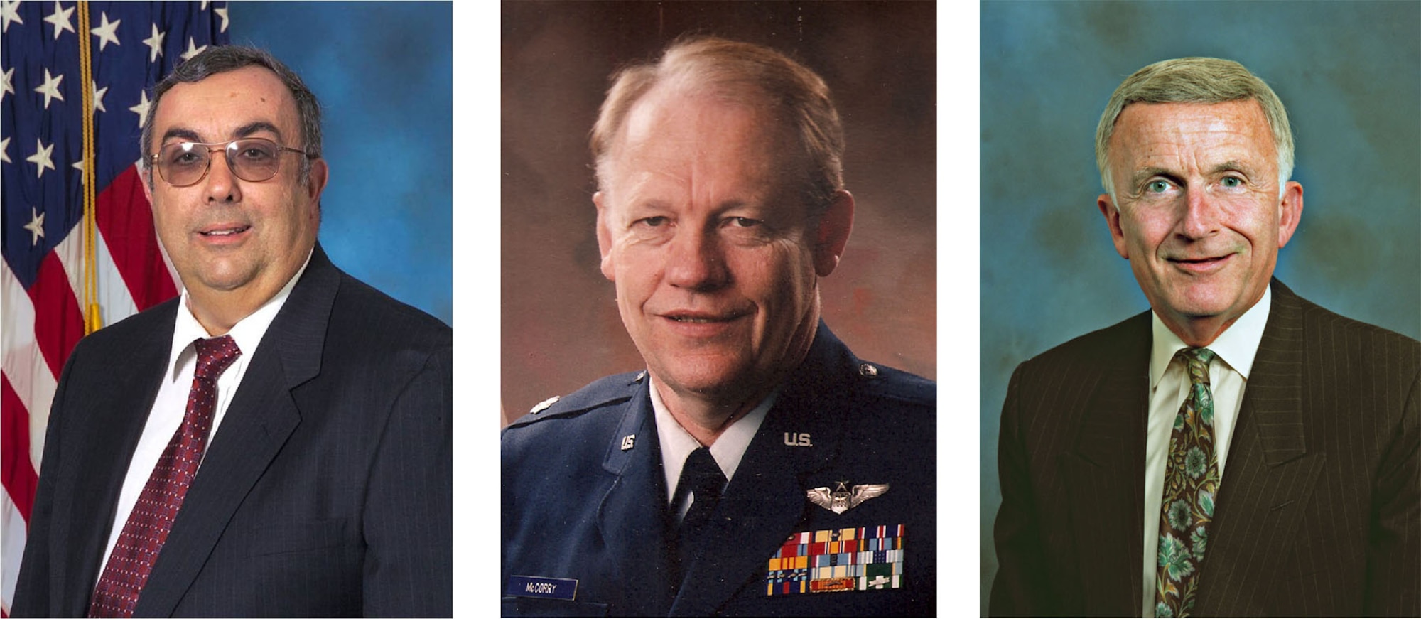 Three former employees, whose lives and accomplishments were an integral part of Hanscom, will be inducted into Memorial Park, next to the clinic, Oct. 28 at 10 a.m.  Joseph E. Mardo, retired Lt. Col. Dennis P. McCorry and Thomas P. O’Mahony (left to right) will each be honored with a tree and bronze plaque dedicated in their memory. (U.S. Air Force photos)