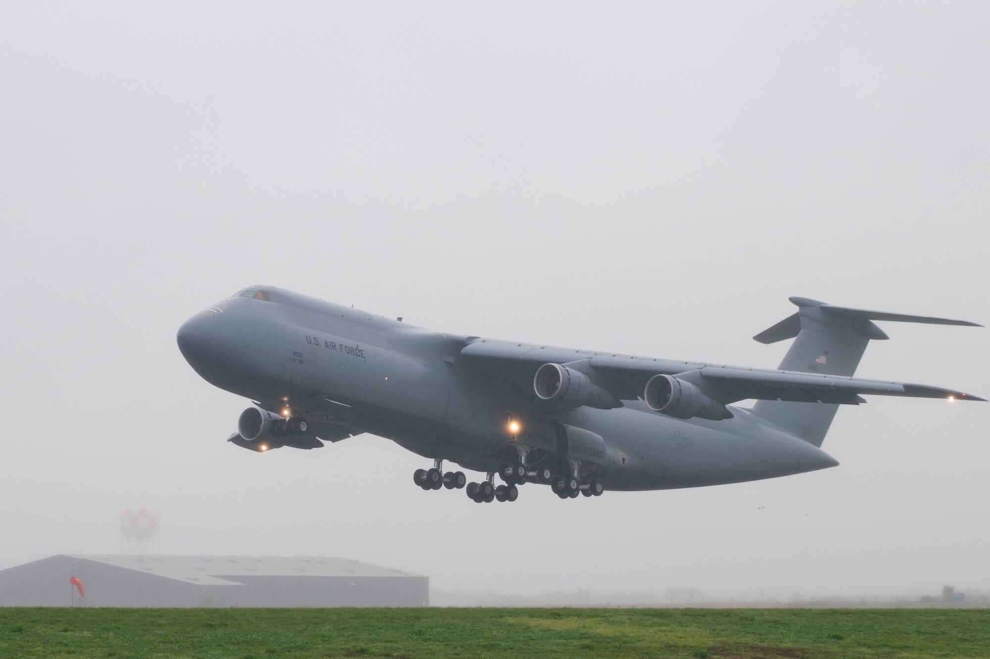 A C-5 Galaxy aircraft assigned to the 167th Airlift Wing, takes off from Shepherd Field, Martinsburg, WV on October 19, 2011. The aircraft was the seventh aircraft to launch from the unit as part of an Air Force wide "surge" exercise for the C-5 fleet. The exercise, which was testing the United States Transportation Command's ability to rapidly provide strategic airlift in support of contengencies around the world, took place October 17-21 and included 41 C-5 aircraft from the Air Force Active, Reserve, and Guard components. (National Guard photo by Master Sgt. Emily Beightol-Deyerle)