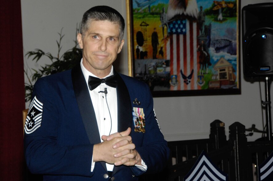 HANSCOM AIR FORCE BASE, Mass. – Chief Master Sgt. Eric Jaren, Air Force Materiel Command command chief, speaks to attendees at the Senior NCO Induction Ceremony at the Minuteman Commons Oct. 14. In addition to serving as the guest speaker at the ceremony, earlier in the day Chief Jaren met with Hanscom first sergeants, chief master sergeants and held an Enlisted Call to talk about enlisted priorities and concerns. (U.S. Air Force photo by Linda LaBonte Britt)