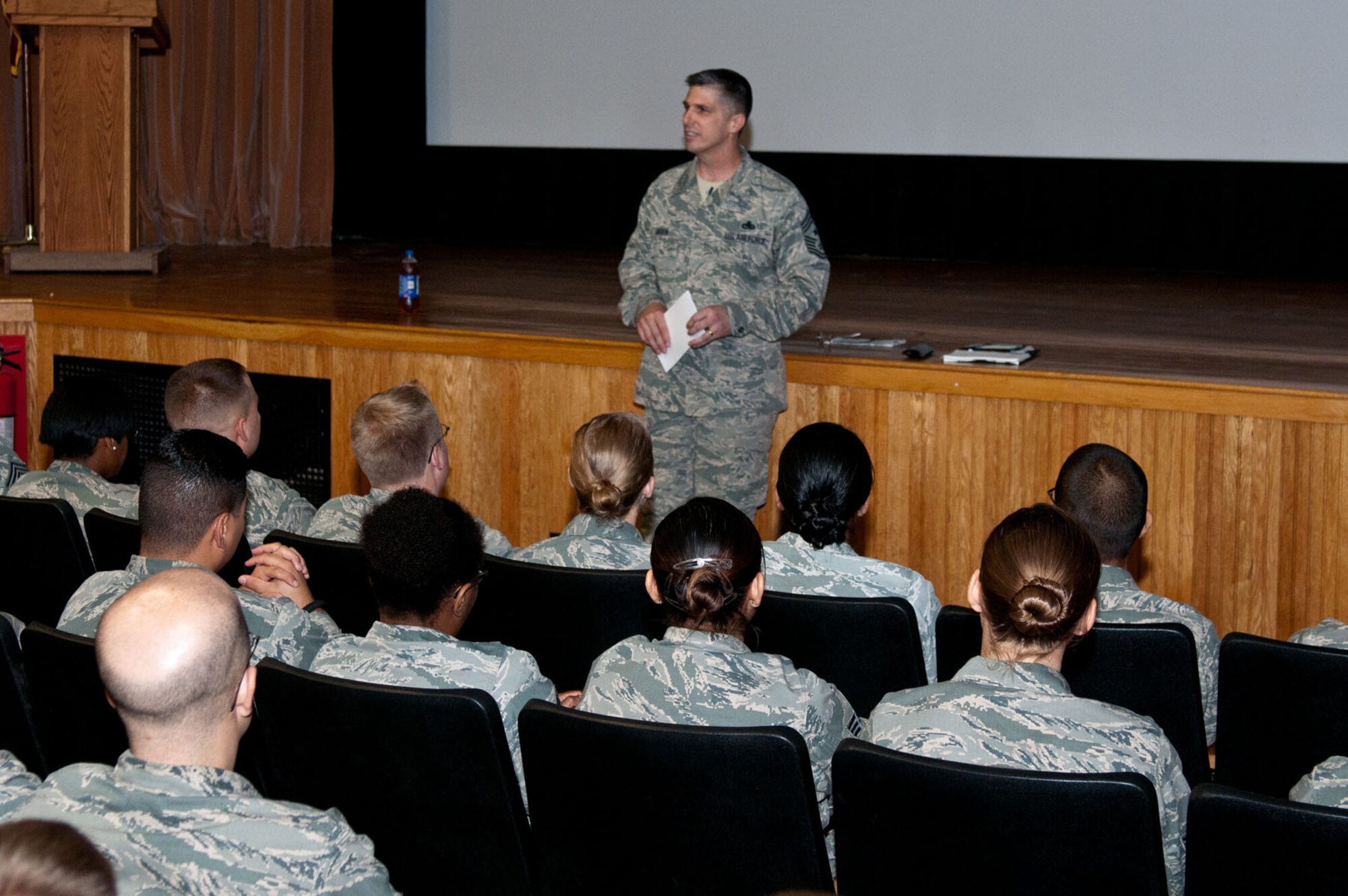 HANSCOM AIR FORCE BASE, Mass. - Chief Master Sgt. Eric R. Jaren, Air Force Materiel Command command chief, speaks to more than 150 personnel at an Enlisted Call in the base theater Oct. 14. During the enlisted call, Chief Jaren spoke to Airmen about enlisted priorities and concerns. (U.S. Air Force photo by Rick Berry)