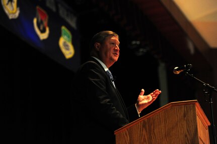 Secretary of the Air Force, Michael Donley answers questions during an All Call as part of his visit to to Joint Base Charleston, Oct. 18, 2011.  The Secretary of the Air Force is responsible for the affairs of the Department of the Air Force, including the organizing, training, equipping and providing for the welfare of its more than 334,000 men and women on active duty, 176,000 members of the Air National Guard and the Air Force Reserve, 170,000 civilians, and their families. He also oversees the Air Force's annual budget of more than $119 billion. (U.S. Air Force photo/ Staff Sgt. Nicole Mickle)  