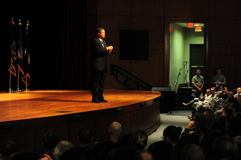 Secretary of the Air Force Michael Donley answers questions during an All Call as part of his visit to Joint Base Charleston, Oct. 18, 2011.  The Secretary of the Air Force is responsible for the affairs of the Department of the Air Force, including the organizing, training, equipping and providing for the welfare of its more than 334,000 men and women on active duty, 176,000 members of the Air National Guard and the Air Force Reserve, 170,000 civilians, and their families. He also oversees the Air Force's annual budget of more than $119 billion. (U.S. Air Force photo/ Staff Sgt. Nicole Mickle)  