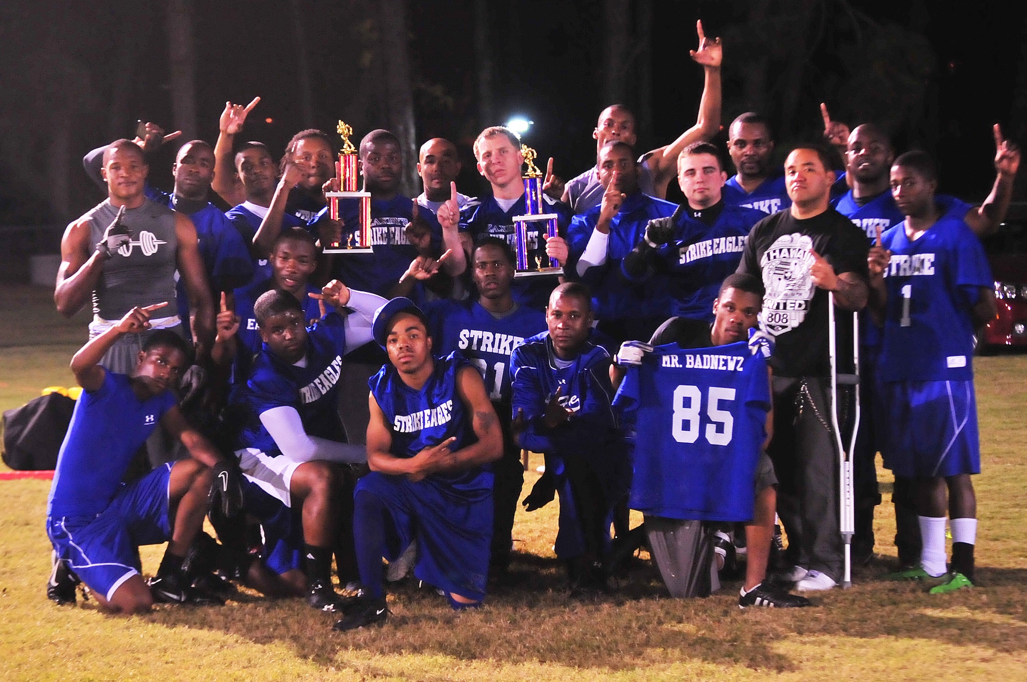 The Seymour Johnson Air Force Base Strike Eagle flag football team poses for a photo after winning the Goldsboro, N.C., men’s flag football championship at Mina Weil Park, Oct. 17, 2011. The win is a first for the Strike Eagle team, who will go on to compete in the 41st Annual U.S. Flag and Touch Football League National Flag Football Championships in Kissimmee, Fla., in January. (U.S. Air Force photo by Senior Airman Marissa Tucker)