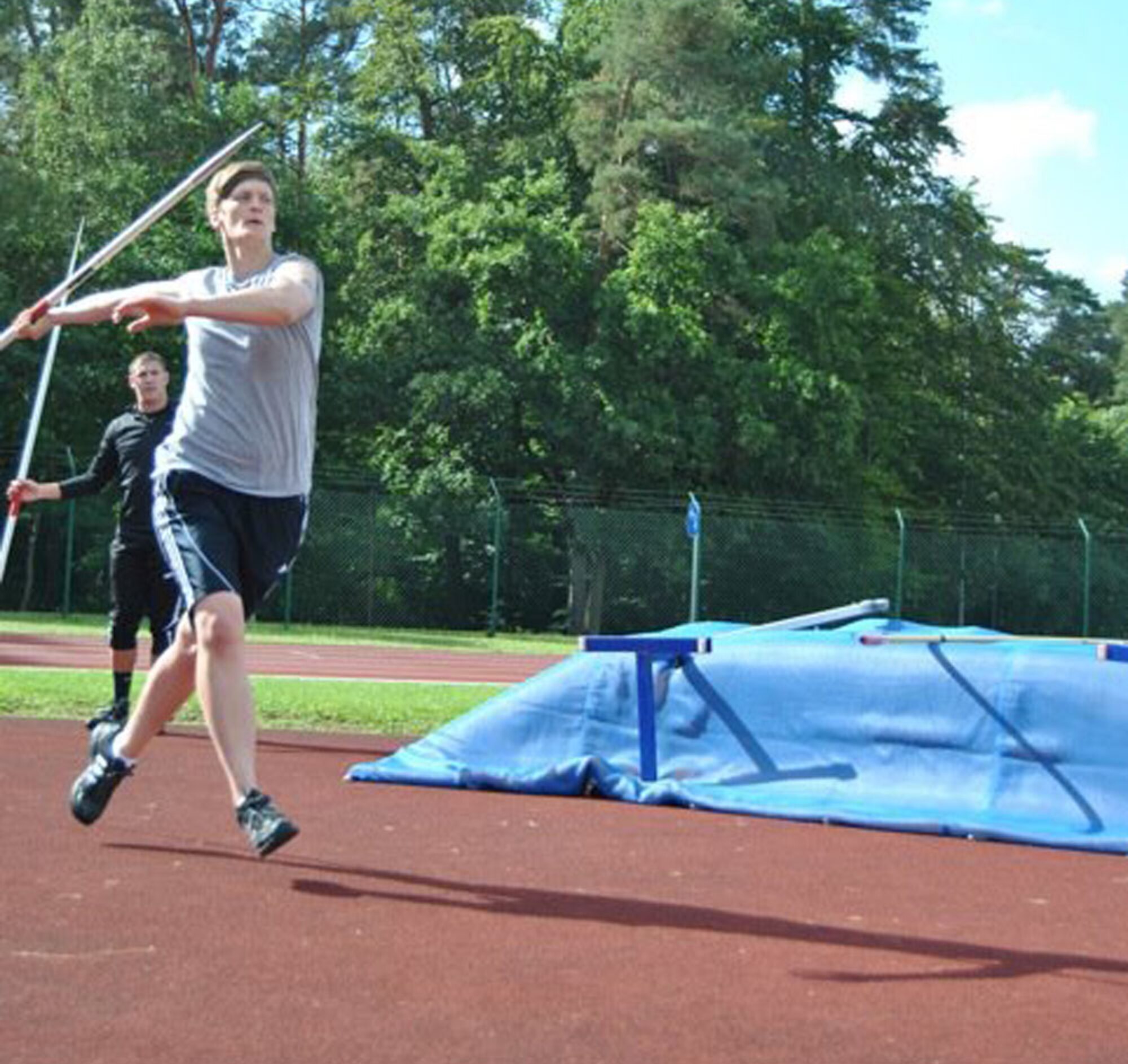RAMSTEIN AIR BASE, Germany – Staff Sgt. Shannon Renea Zachary, 352nd Special Operations Support Squadron, throws a javelin during a training session at Ramstein Air Base, Germany, prior to the Allied Air Forces Athletics Championships at Heusden-Zolder, Belgium, in September 2011. Zachary was chosen for the U.S. Air Force Track and Field in Europe team, and participated in the event in Belgium against people from various NATO air forces. Overall, she placed first in the shot put event and second in javelin. (Courtesy photo)