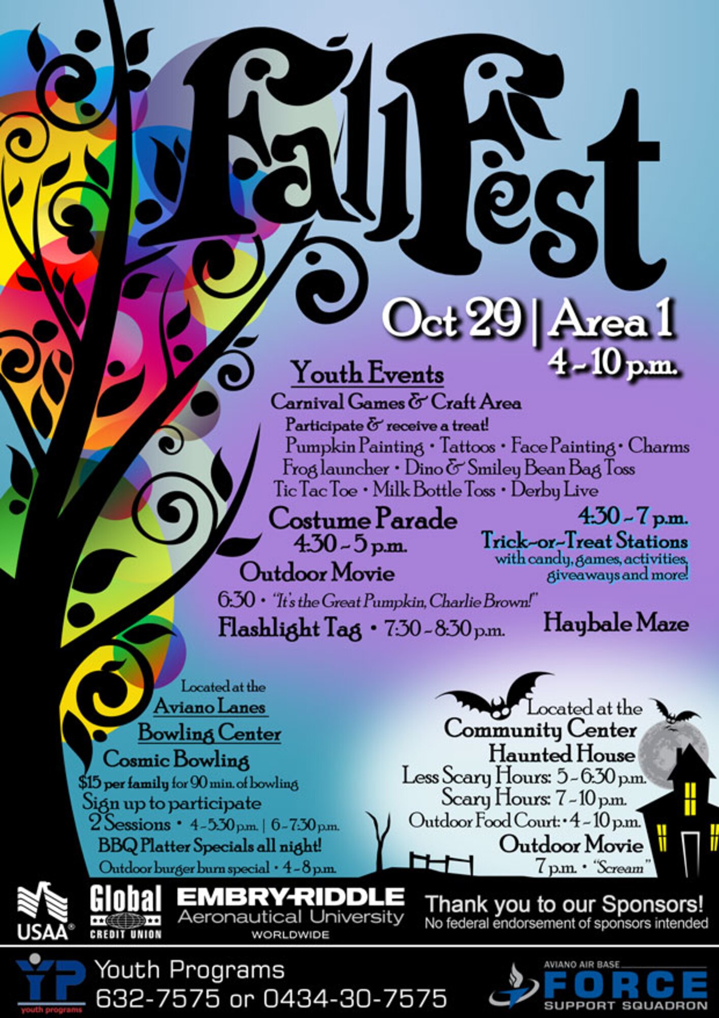 This year's Fall Fest is gearing up to be a spookishly fun time for personnel, families and their costumed kiddos 4-10 p.m. Oct. 29 in Area 1. Fall Fest replaces the annual Trunk-or-Treat with a hay bale maze, pumpkin patch, haunted house, candy booths, games, outdoor movies, and events for youth and adults. 
