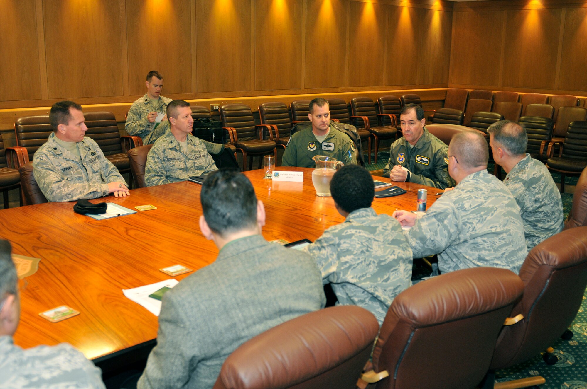 ROYAL AIR FORCE LAKENHEATH, England - Lt. Gen. Marc E. Rogers, Inspector General of the Air Force, speaks with 48th Fighter Wing squadron commanders during a visit Oct. 17, 2011. Rogers hosted symposiums of commanders, first sergeants and junior enlisted members to get feedback on Air Force policies. (U.S. Air Force photo by Staff Sgt. David Dobrydney)