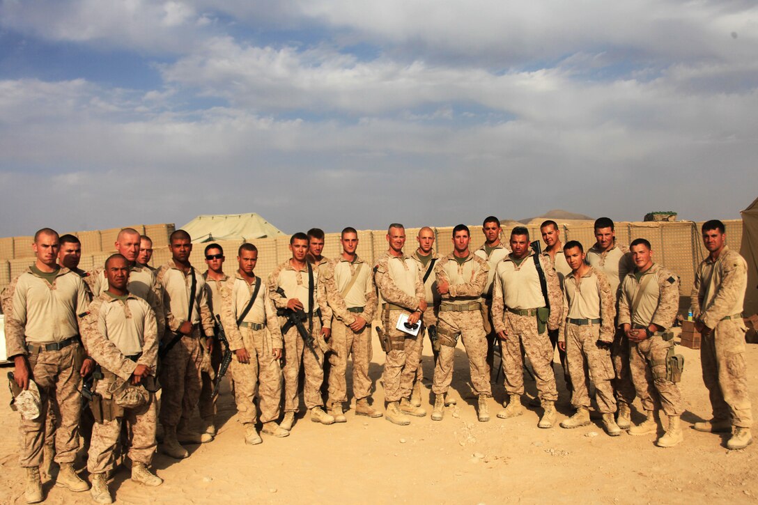 Roughly 20 Marines and one Navy Corpsman make up a subset of Marine Wing Support Squadron 371 dubbed “Task Force Nomad,” seen here from their headquarters on Patrol Base Alcatraz, Oct. 21. Over the next several weeks, the task force will construct or improve helicopter landing zones along the Helmand River valley in southwestern Afghanistan.