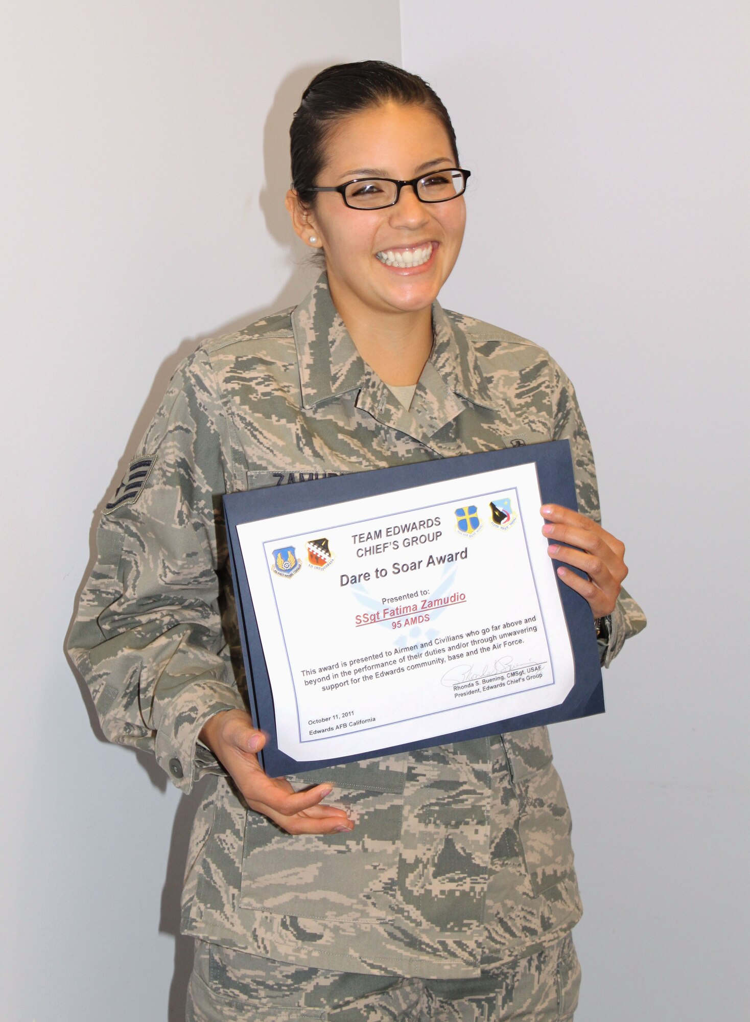 Staff Sgt. Fatima Zamudio, public health technician, 95th Aerospace Medicine Squadron, Awarded the  “Dare to Soar Award,” here Oct. 20. (U.S. Air Force Photo by Meredith Mingledorff) 

