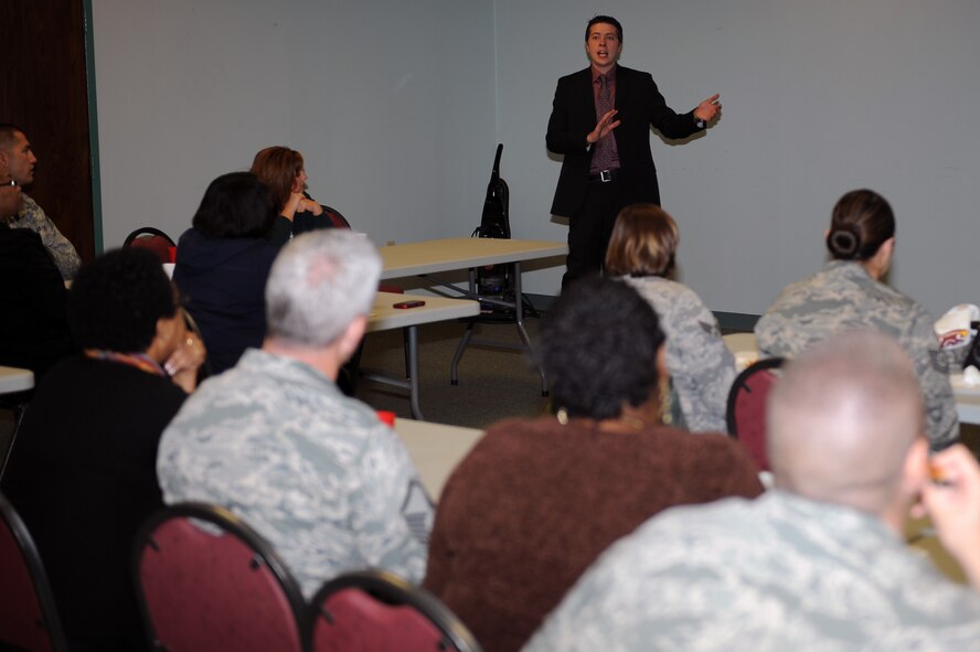 U.S. Air Force Investigator Christopher Taylor, Office of Special Investigations Detachment 211 joint drug enforcement team member , speaks to Airmen during a Lunch and Learn session at Moody Air Force Base, Ga., Oct. 20, 2011. Taylor informed Airmen about the warning signs and side effects of illegal drug use. (U.S. Air Force photo by Senior Airman Ciara Wymbs/Released)