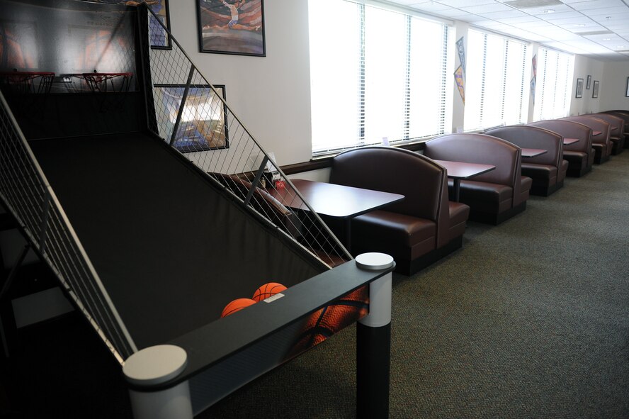 The Georgia Pines Dining Facility made many renovations to the facility to include adding an arcade basketball hoop, new tables and chairs that will add a modern feel to the dining rooms.  The dining facility was first opened on Moody Air Force Base, Ga., in 1955.  The last improvements made to the facility were in 2009, when they received new freezers. (U.S. Air Force photo by Senior Airman Ciara Wymbs/Released)