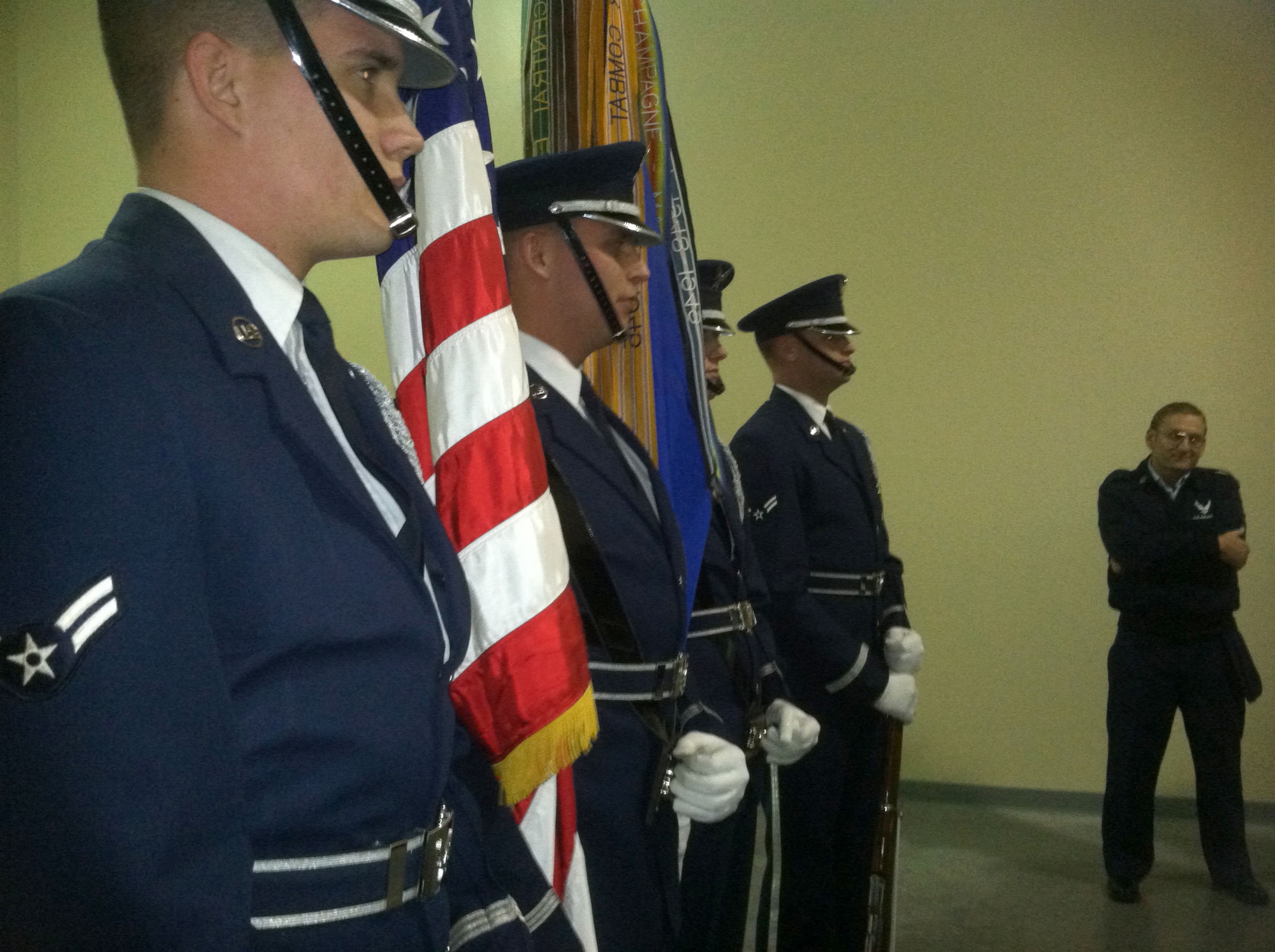 U.S. Air Force Honor Guard Colors Team members speak to JROTC cadets from Grand Island Senior High School Oct. 20 at the Heartland Events Center, Grand Island, Neb., after the colors team presented the flag at the U.S. Air Force Band concert. The colors team assists the U.S. Air Force Band on their annual Fall Tour in spreading the message of the Air Force global mission across the country. (U.S. Air Force photo by Airman 1st Class Tabitha N. Haynes)