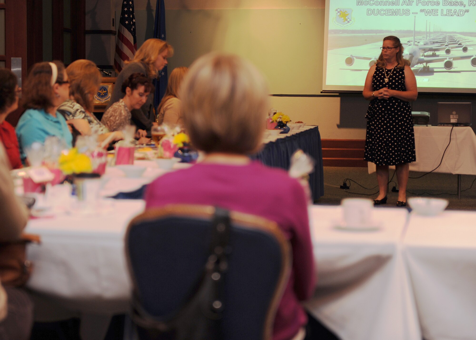 Charlotte Rupp, wife of Col. Ricky Rupp, 22nd Air Refueling Wing commander, address spouses at the Spouse’s Leadership Forum held at the Robert J. Dole Community Center Oct. 4, 2011. Charlotte Rupp, Colonel Rupp’s wife, organized the event as a networking and mentorship opportunity and to help the spouses understand the resources available on base and within the community.  Twenty-seven senior spouses attended the event. (U.S. Air Force photo/ Airman 1st Class Maurice Hodges)
