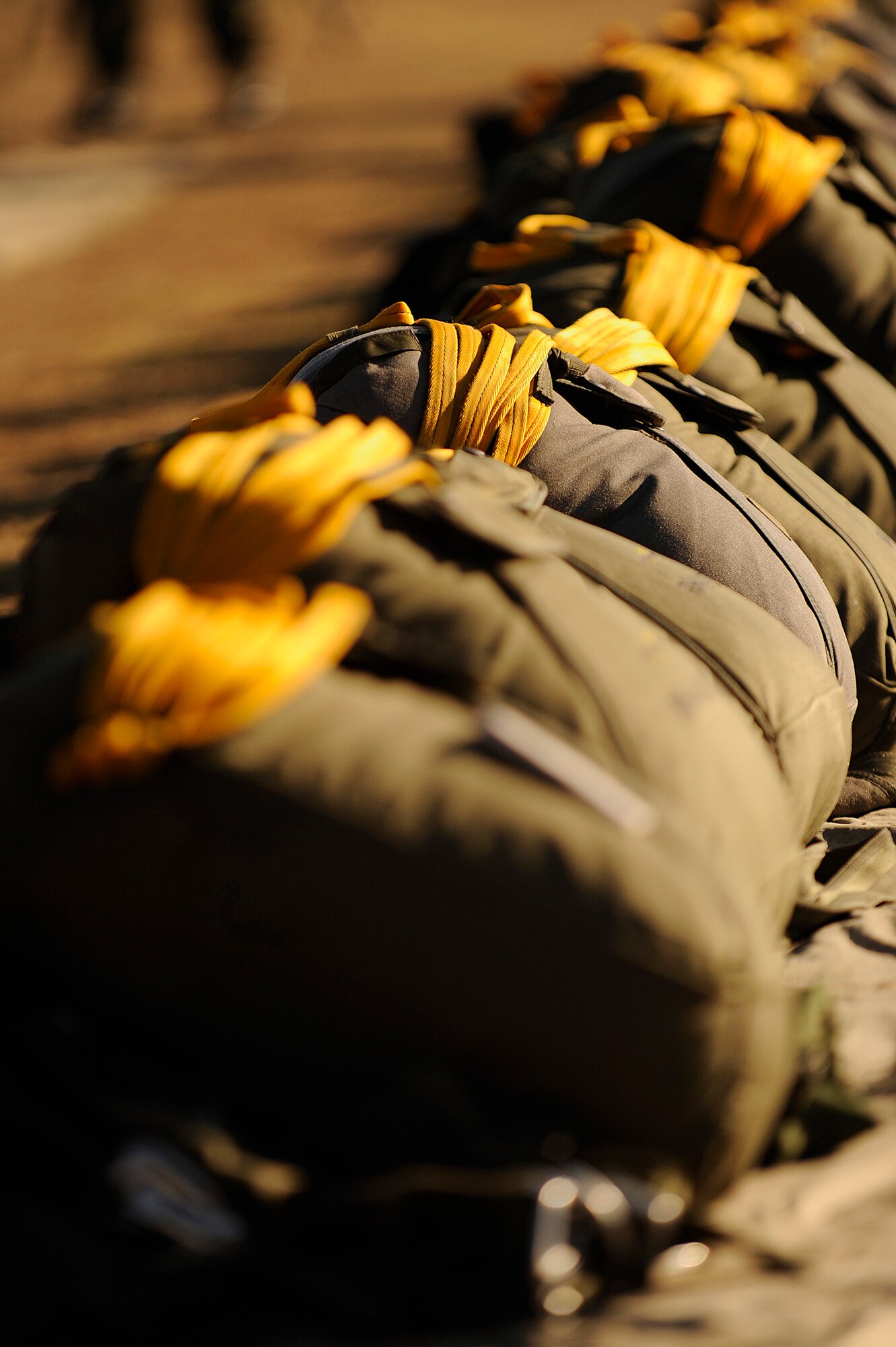 MC6 parachute systems sit in line ready for use by Bulgarian paratroopers during Operation Thracian Fall 2011, Oct. 20, 2011, Plovdiv, Bulgaria. OTF11 is off-station training designed to enhance interoperability between U.S. and Bulgarian Air Forces as well as build partnerships with paratroopers from both. (U.S. Air Force photo by Senior Airman Stephen J. Otero)