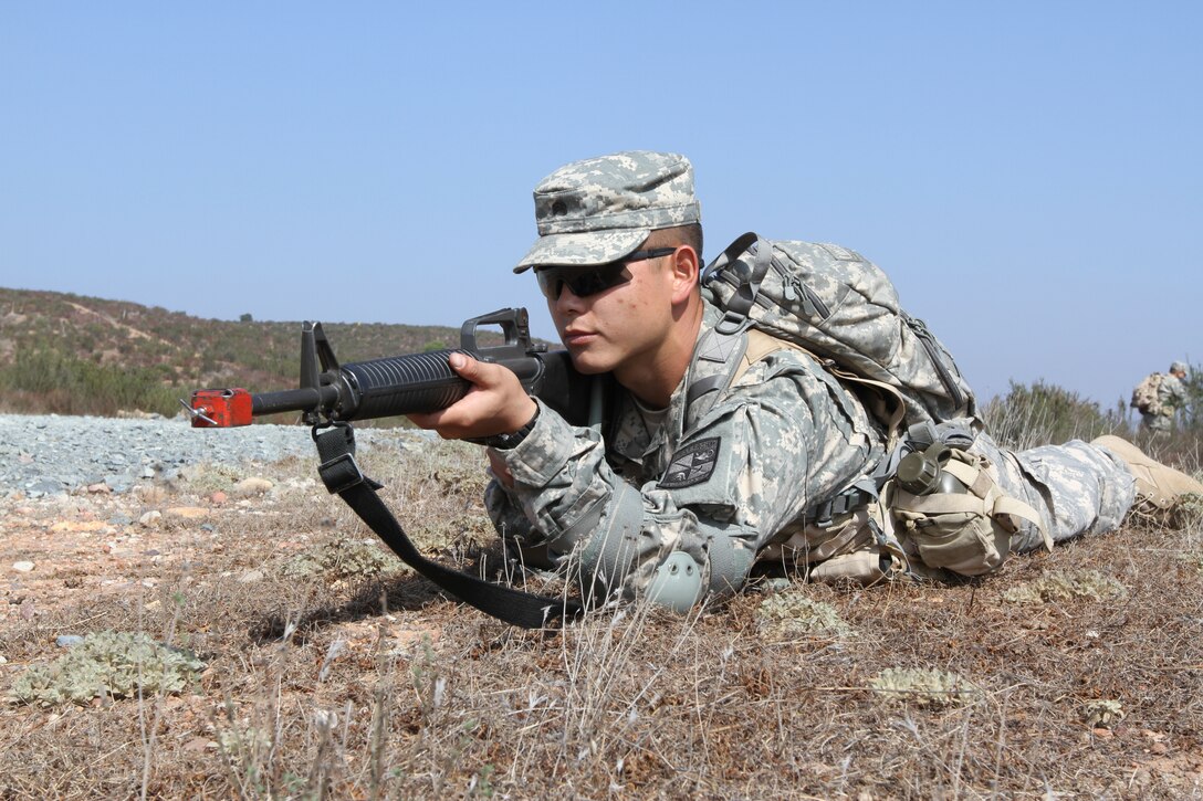 San Diego State University Army Reserve Officer Training Corps cadets hike aboard Marine Corps Air Station Miramar, Calif., Oct. 21. Cadets used East Miramar’s training facilities for their three-day field-training exercise.