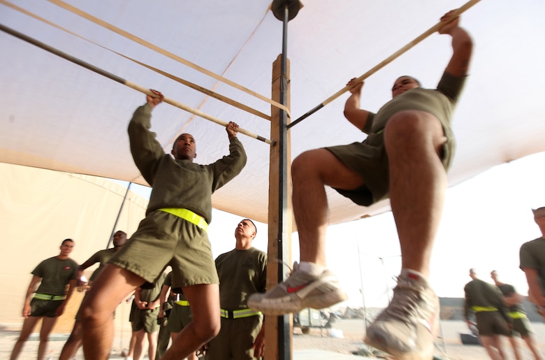 Marine Air-Ground Task Force Support Battalion 11.2 Marines Cpl. Eduardo Ortiz (left), an administrative clerk, and Lance Cpl. Antonio Salas, a motor transportation mechanic, compete during the pull-up portion of the Iron Man Competition aboard Camp Leatherneck, Afghanistan, Oct. 22. Other events included the shot put, 10 kilometer run and a bench press competition. (U.S. Marine Corps photo by Sgt. Justin J. Shemanski)