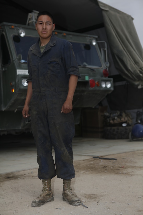 Lance Cpl. Lawrence Jones, a native of Noatak, Alaska, works as a mechanic for Marine Wing Support Squadron 371 currently deployed to Camp Leatherneck, Afghanistan.  Jones traded his arctic home for the Afghan heat to repair vehicles used by the squadron.