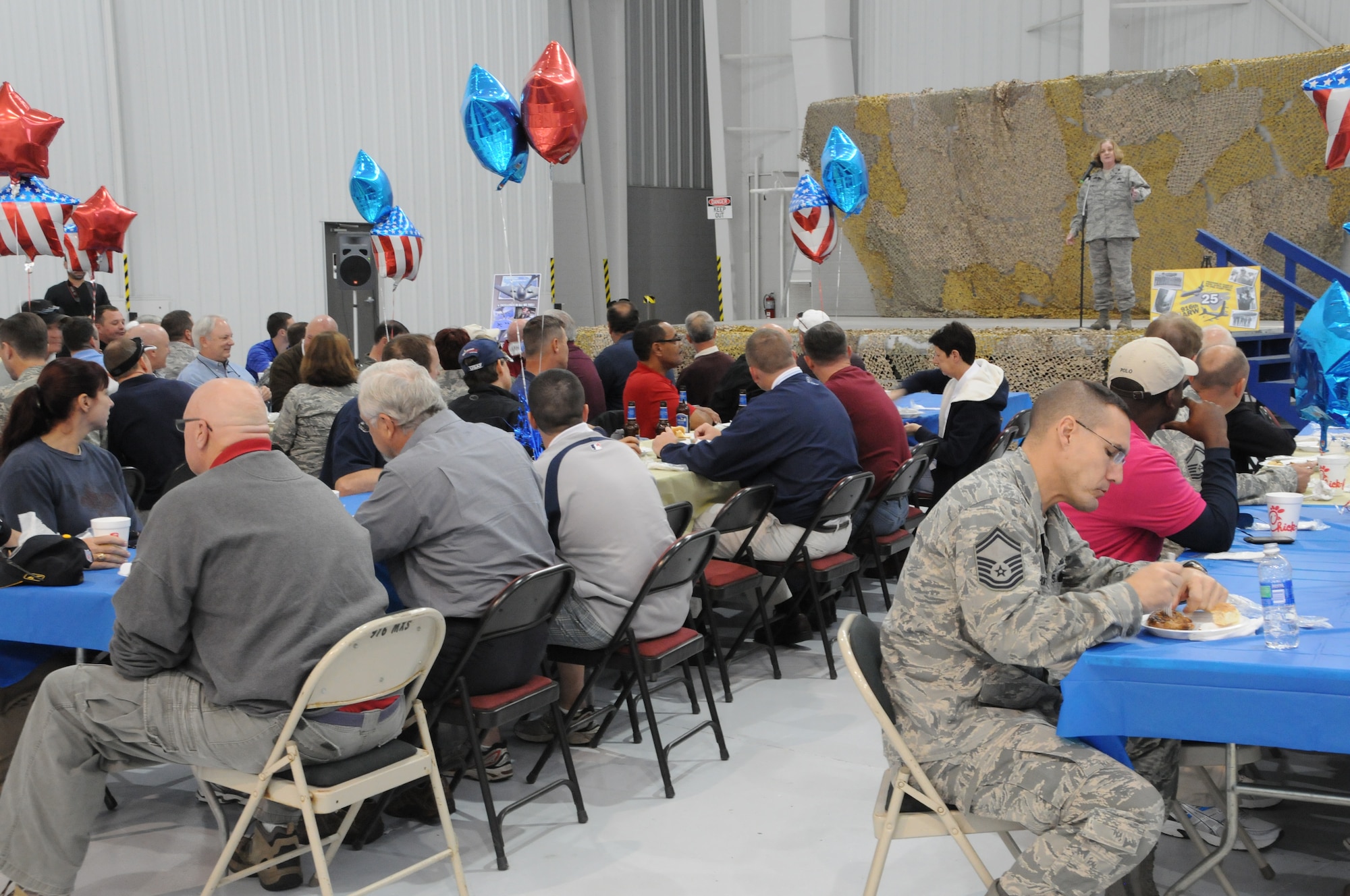 Lt. Col. Jayne Jackson tells a crowd of current and 916th Air Refueling Wing alumni what is was like to be in the wing over the past 25 years during a luncheon held on Friday, Oct. 21, 2011. (USAF photo by SSgt. Mark Thompson, 916ARW/PA)