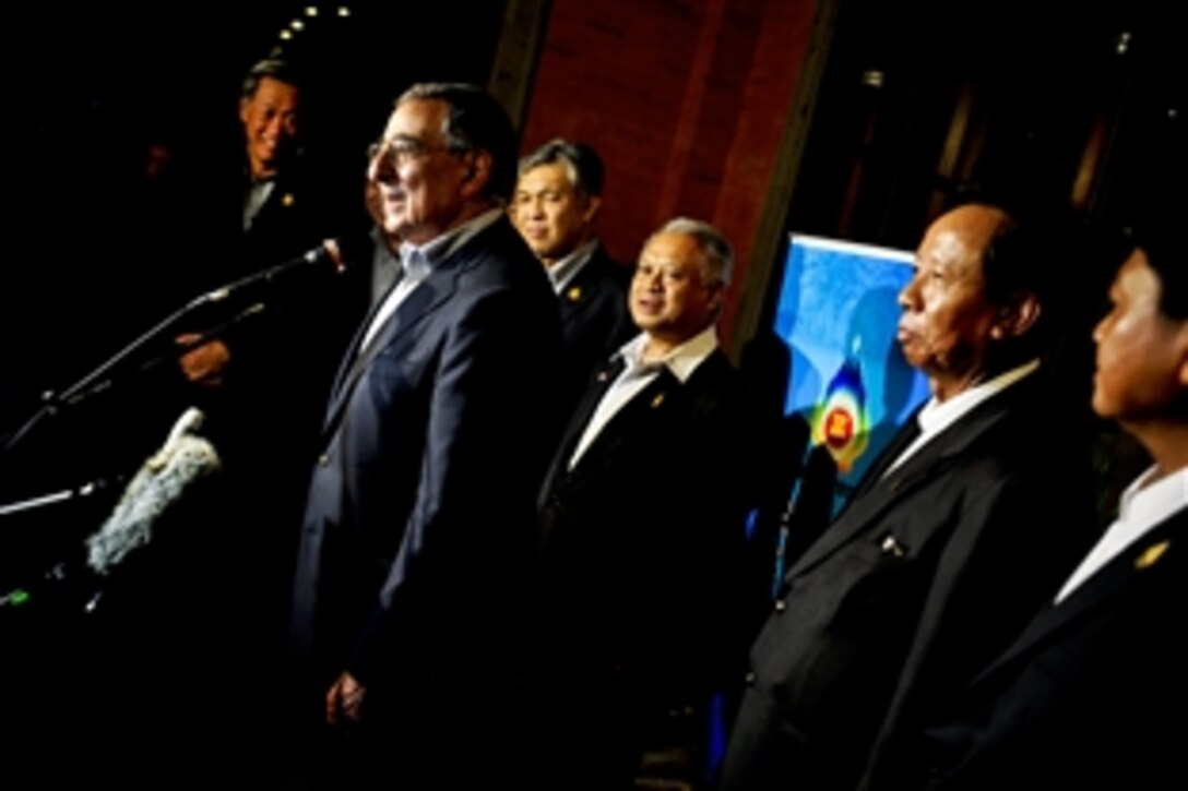 U.S. Defense Secretary Leon E. Panetta talks to reporters after meeting with defense ministers of the Association of Southeast Asian Nations in Bali, Indonesia, Oct. 23, 2011.