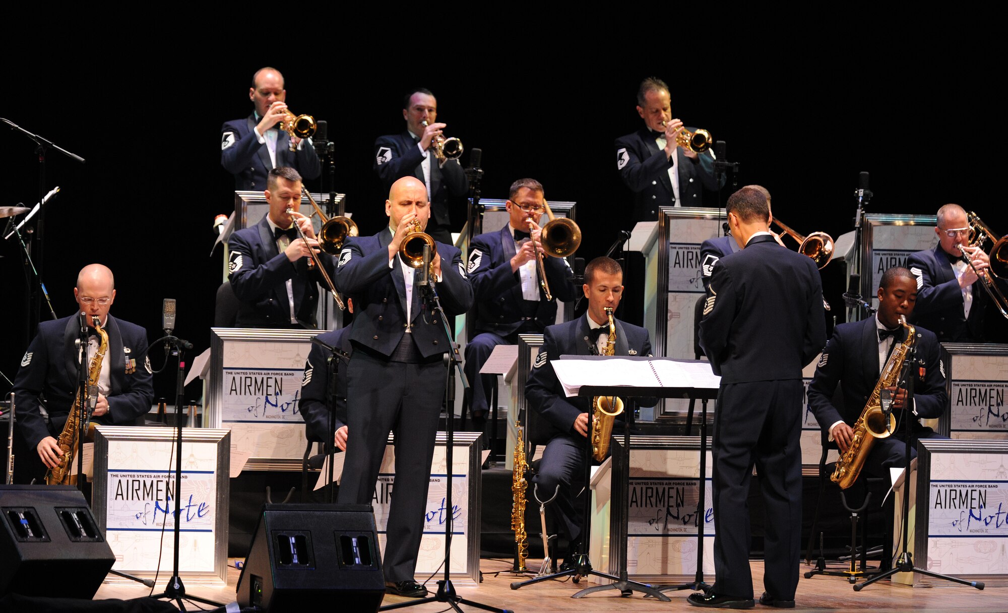Senior Master Sgt. Tim Leahey comes out front for a trumpet solo during the 2011 Jazz Heritage Series concert featuring vocal sensation Carmen Bradford (photo courtesy of Rob Mesite Photography)