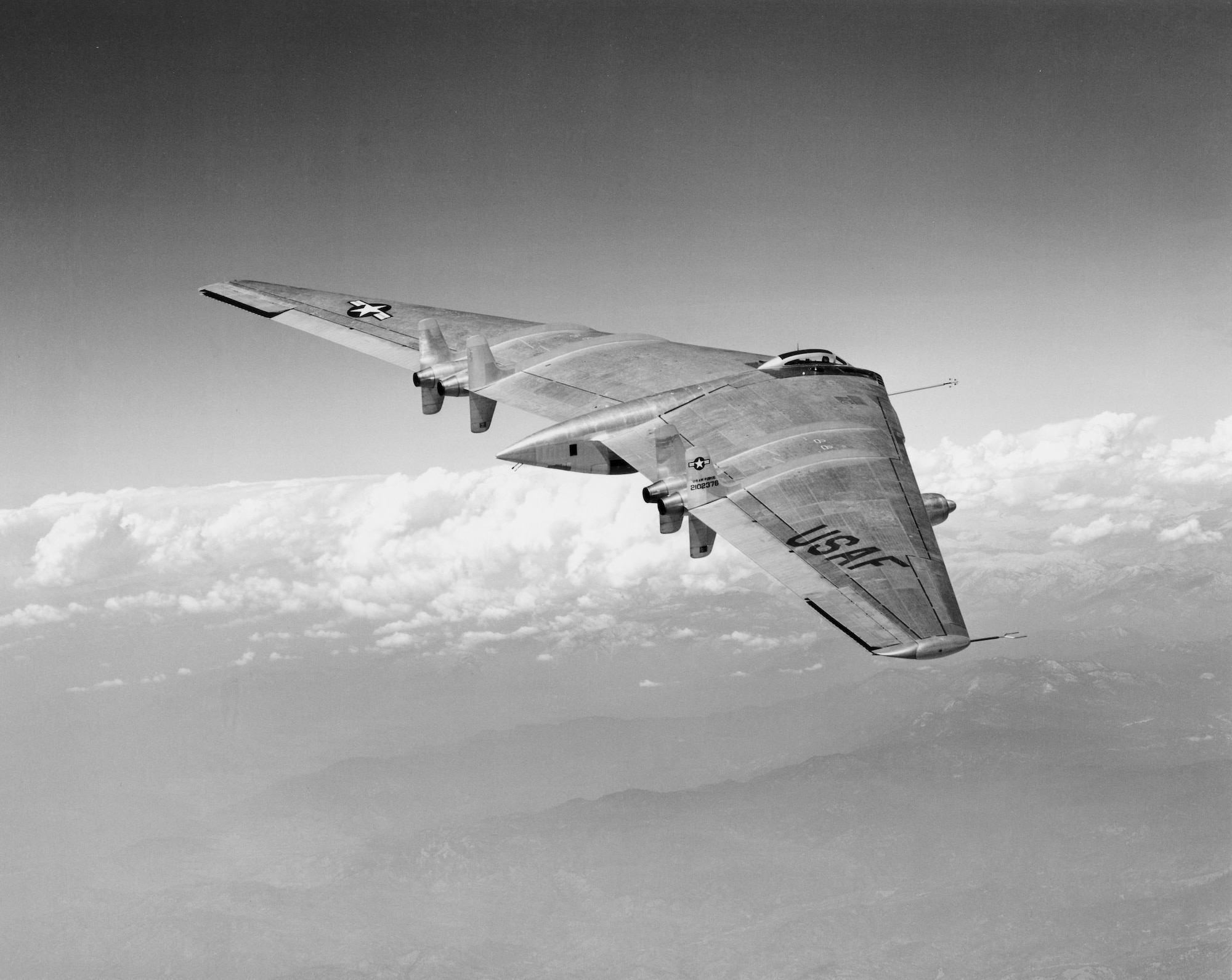 The YB-49 Flying Wing bomber prototype in flight.  Northrop test pilot Max Stanley completed the first flight of an all-jet powered version  of the YB-49 on October 21, 1947. (U.S. Air Force Photo courtesy AFFTC History Office) 